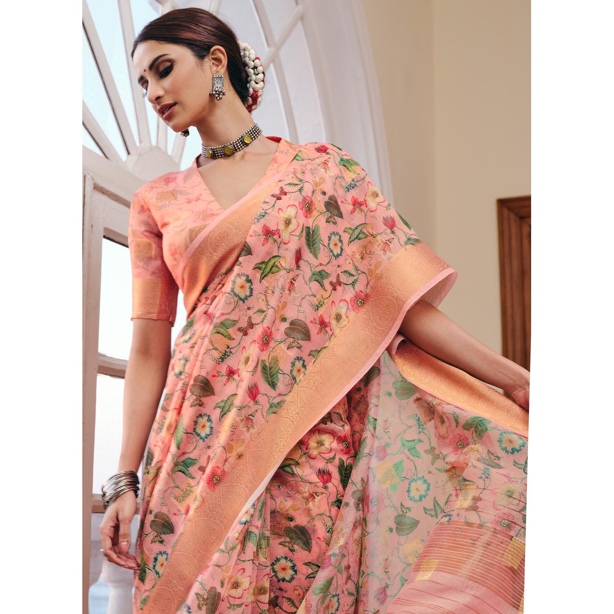 Pleasance Pink Colored Party Wear Digital Printed Linen Saree - Peachmode