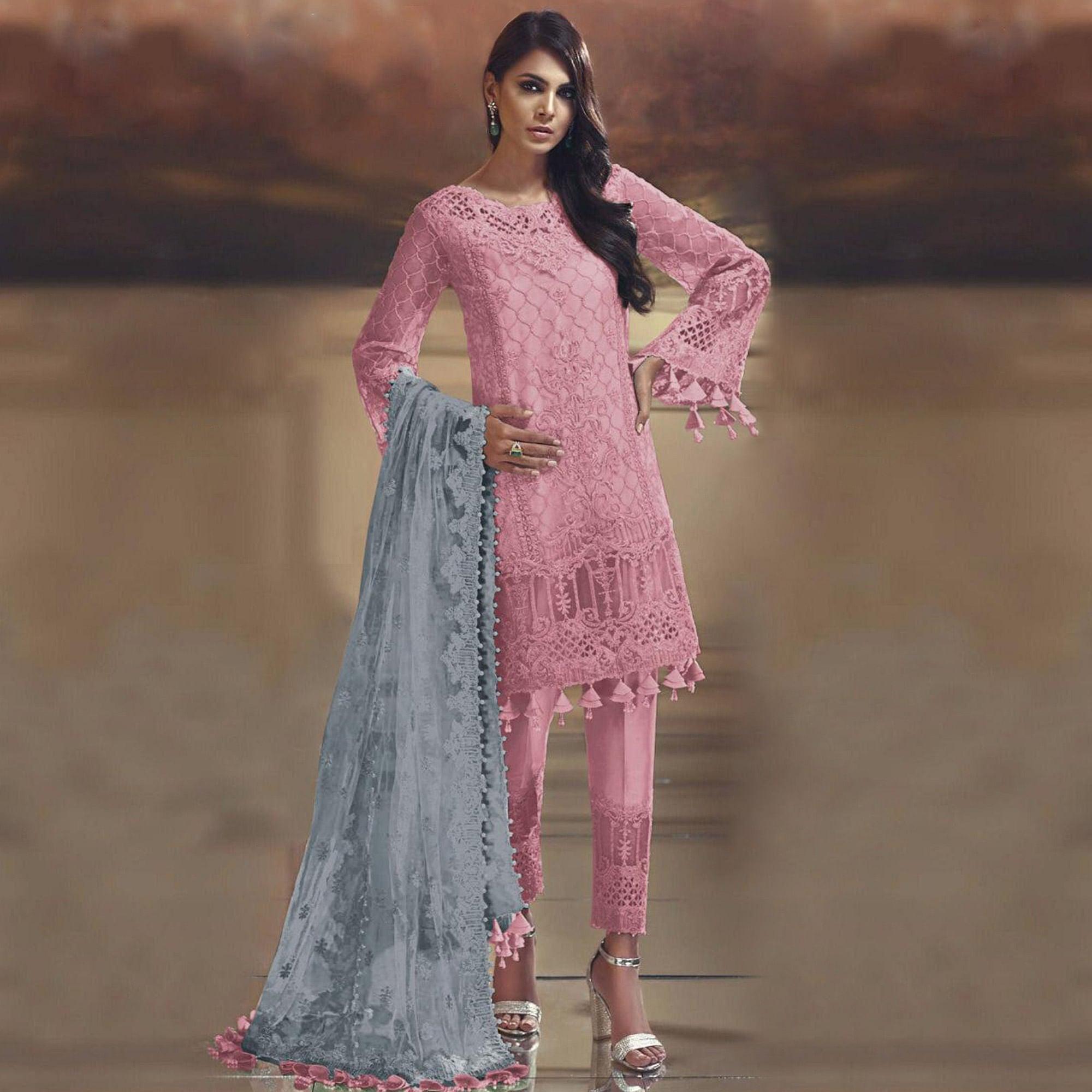 Pleasance Pink Colored Partywear Embroidered Tissue Silk Straight suit - Peachmode