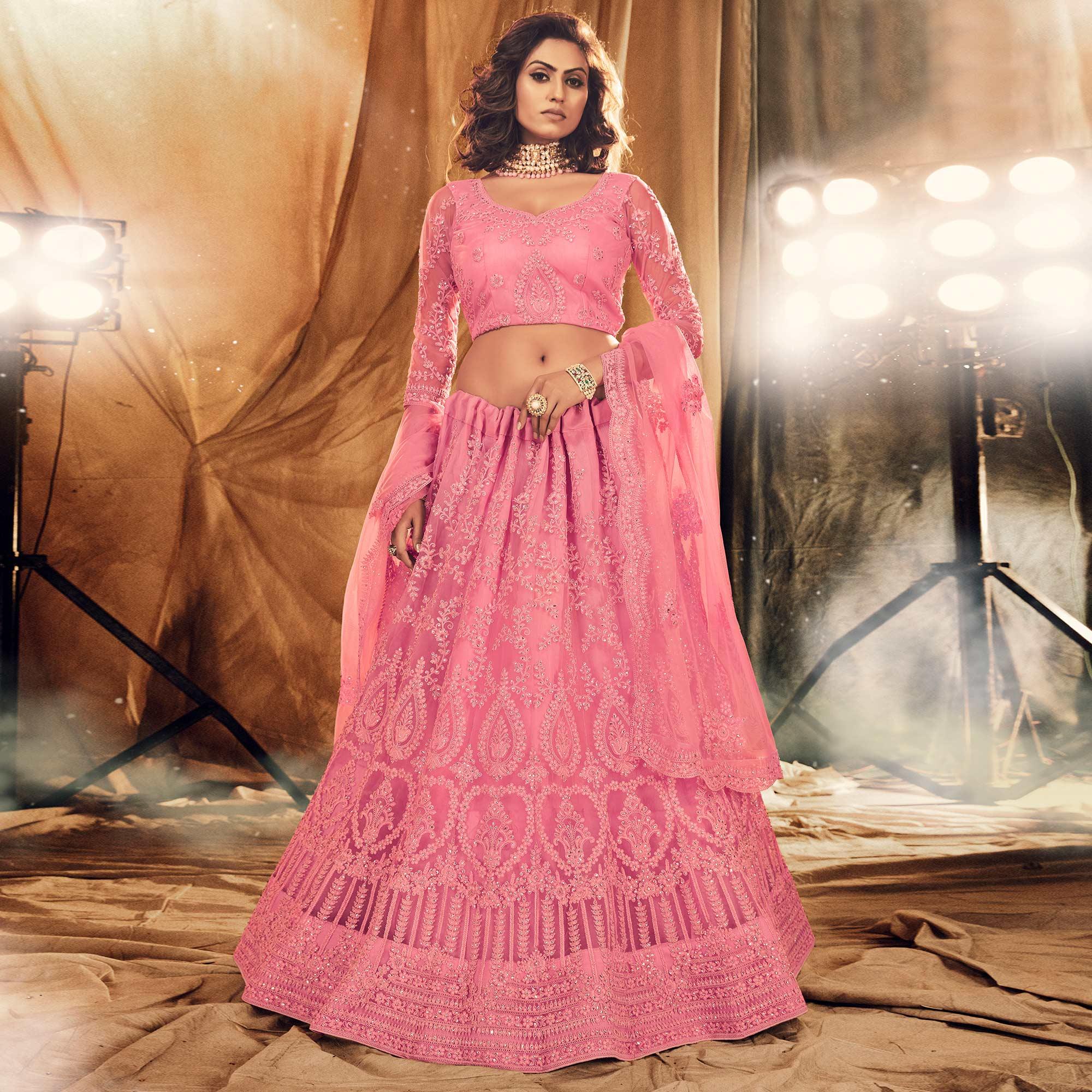 Pleasance Pink Colored Wedding Wear Embroidered Net Lehenga Choli - Peachmode