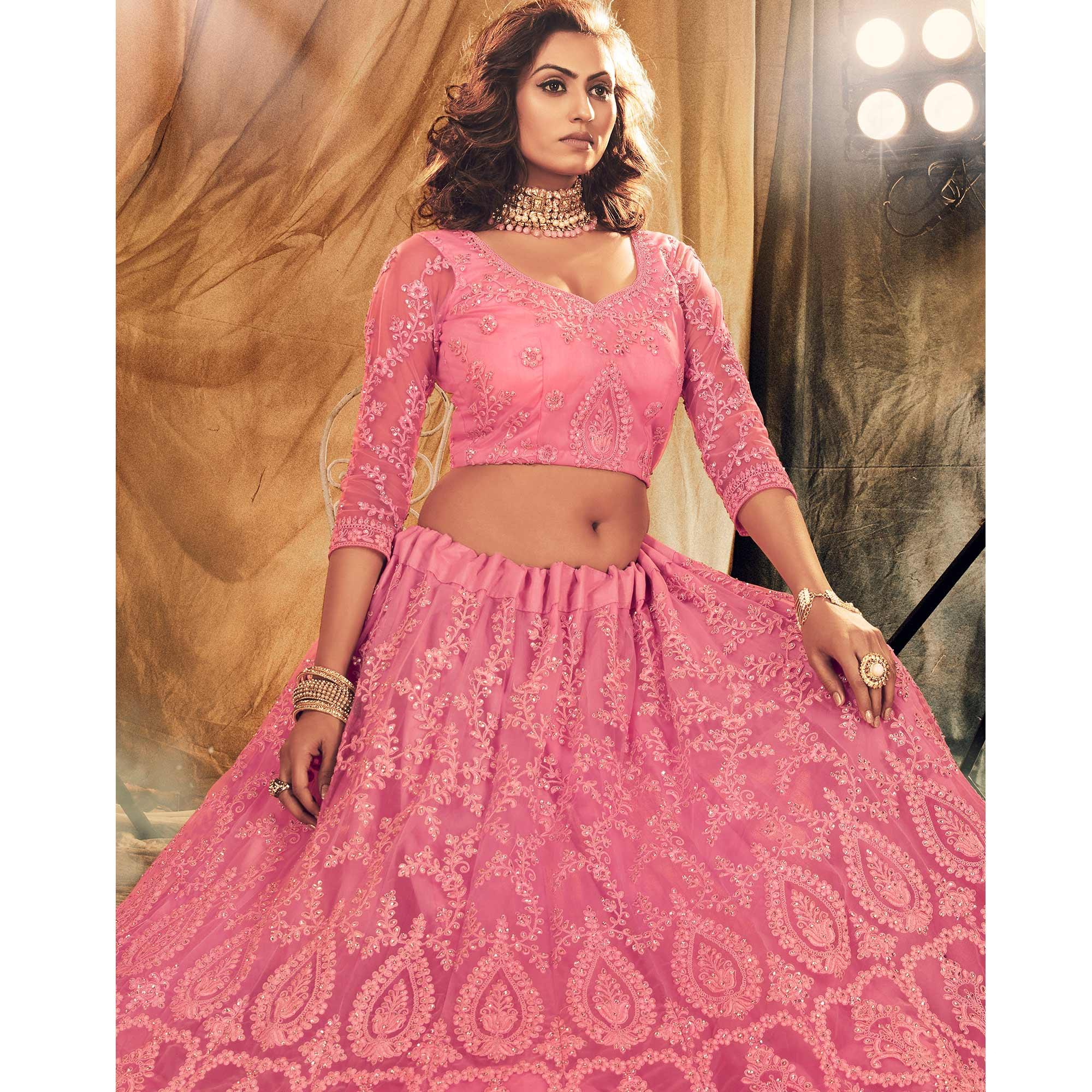 Pleasance Pink Colored Wedding Wear Embroidered Net Lehenga Choli - Peachmode