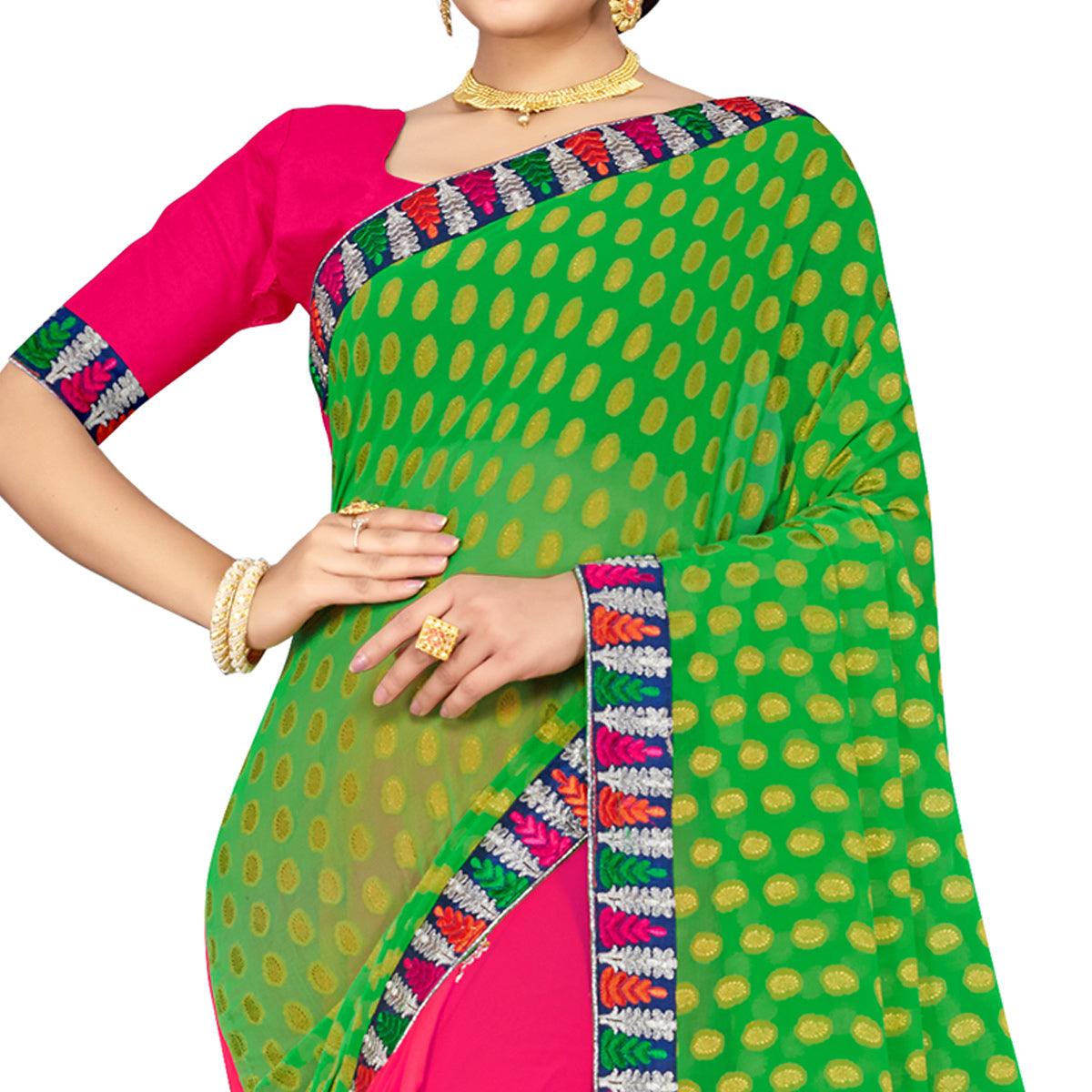 Pleasance Pink-Green Colored Party Wear Embroidered Georgette Half-Half Saree - Peachmode