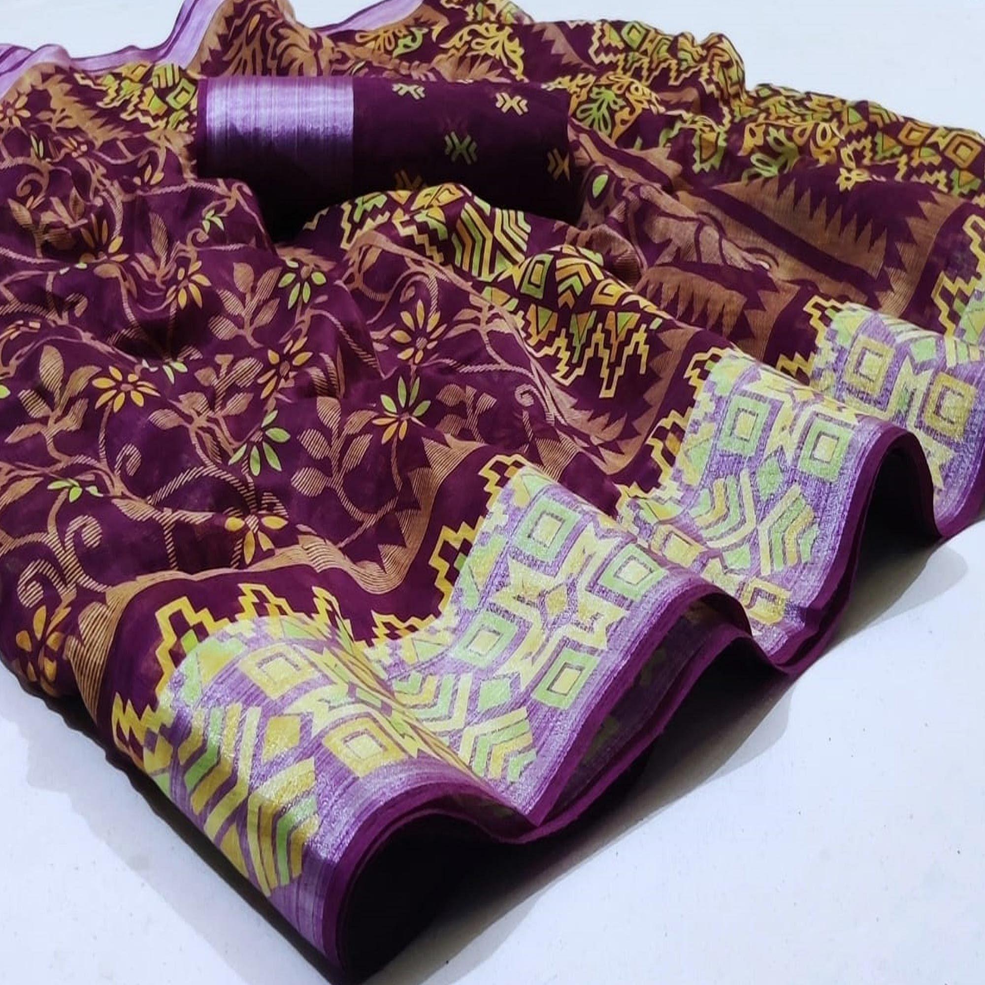 Pleasance Purple Colored Casual Wear Printed Heavy Linen Saree - Peachmode