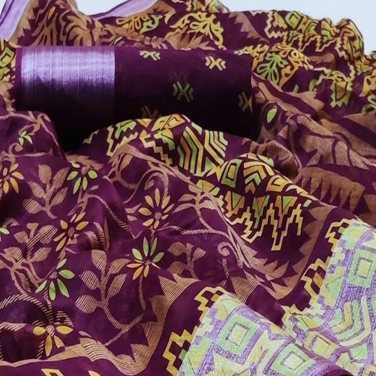 Pleasance Purple Colored Casual Wear Printed Heavy Linen Saree - Peachmode