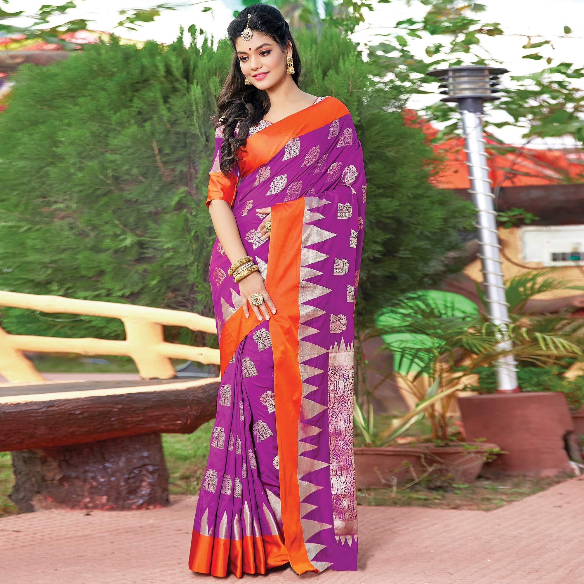 Pleasance Purple Colored Festive Wear Woven Silk Saree - Peachmode