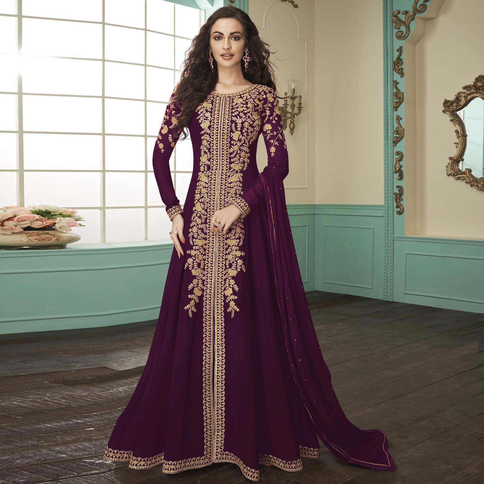 Pleasance Purple Colored Partywear Embroidered Georgette Anarkali Suit - Peachmode
