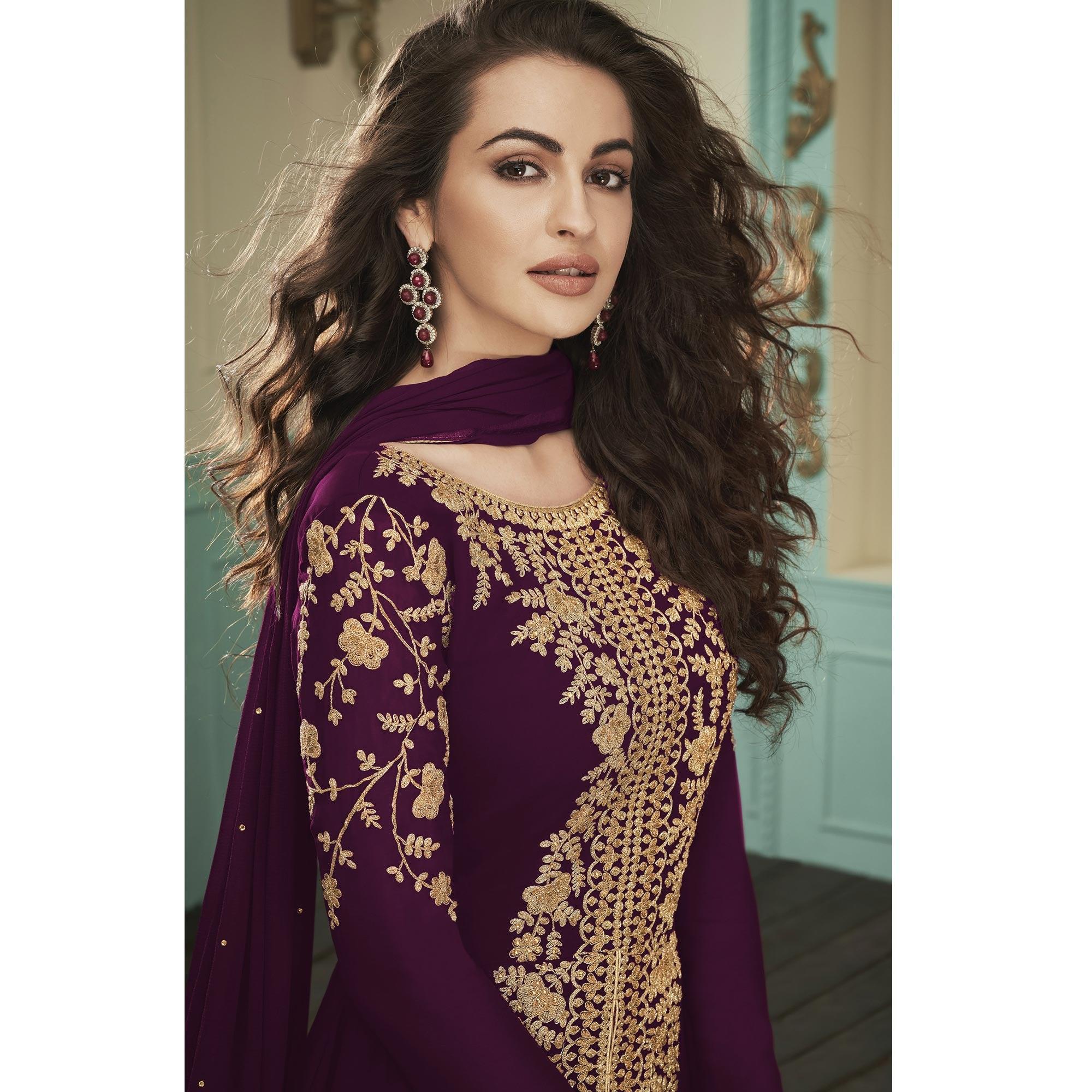 Pleasance Purple Colored Partywear Embroidered Georgette Anarkali Suit - Peachmode