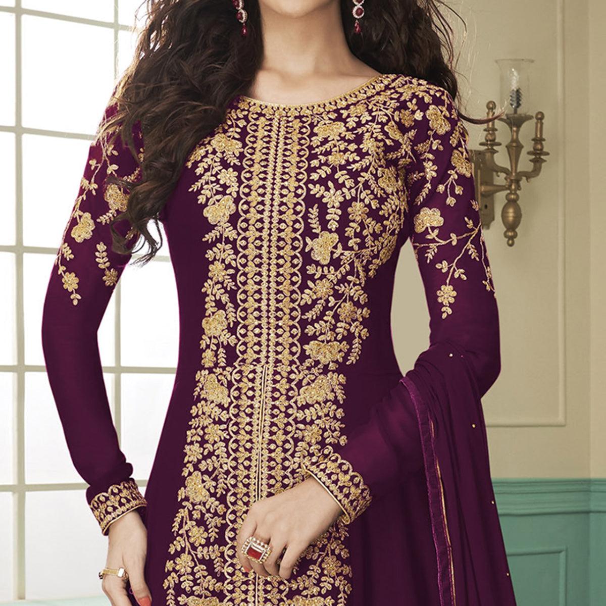 Pleasance Purple Colored Partywear Embroidered Georgette Anarkali Suit - Peachmode