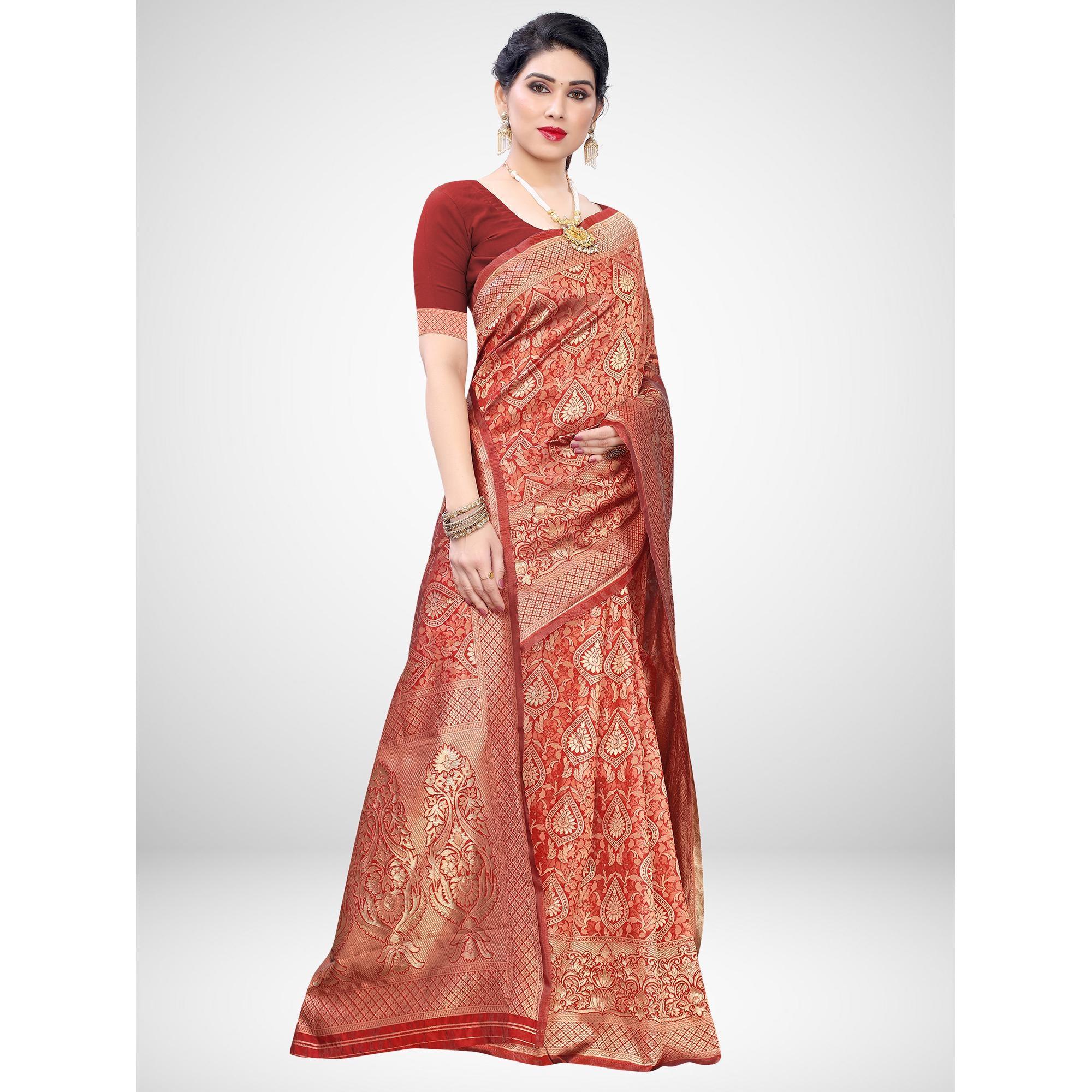 Pleasance Red Colored Festive Wear Woven Silk Blend Saree - Peachmode