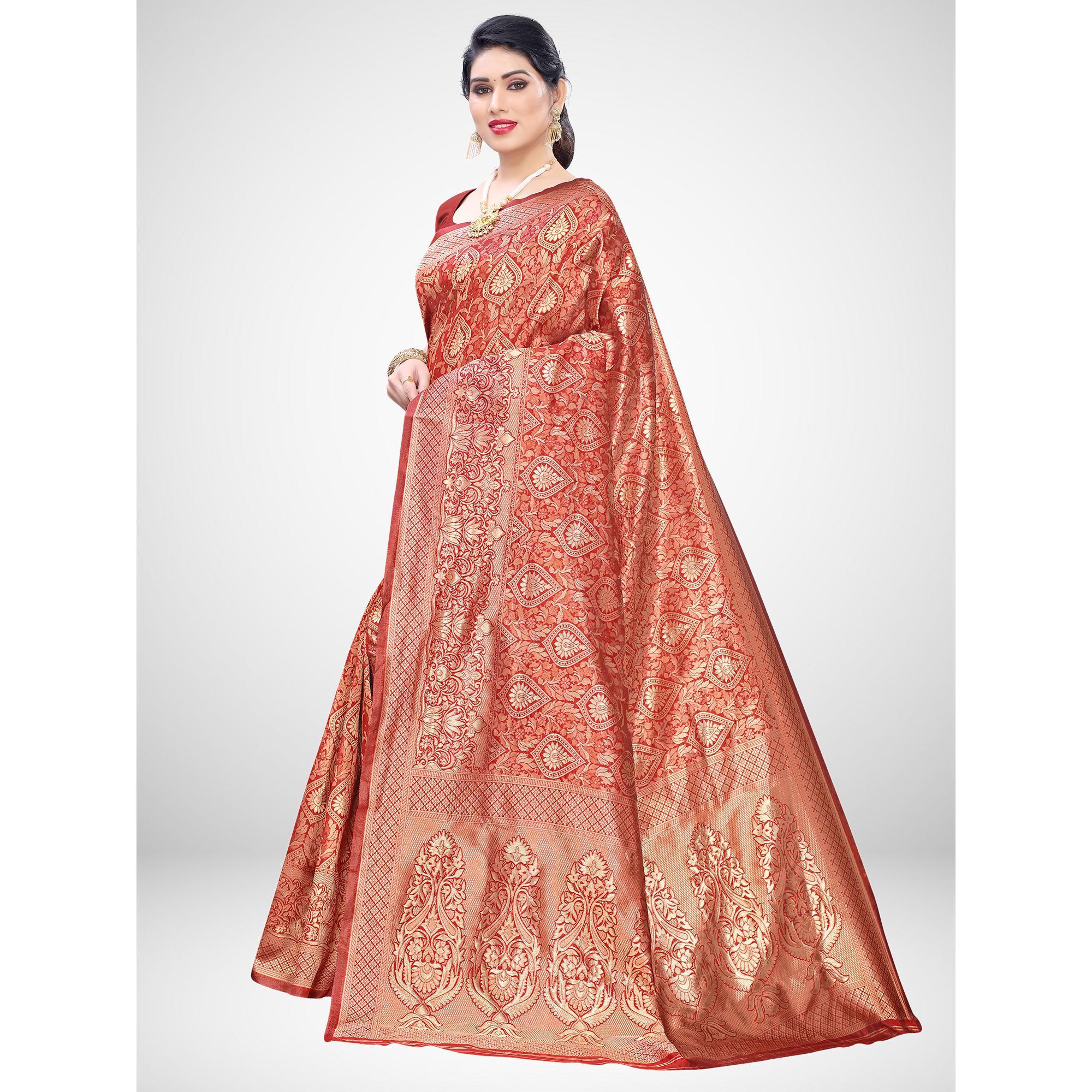 Pleasance Red Colored Festive Wear Woven Silk Blend Saree - Peachmode