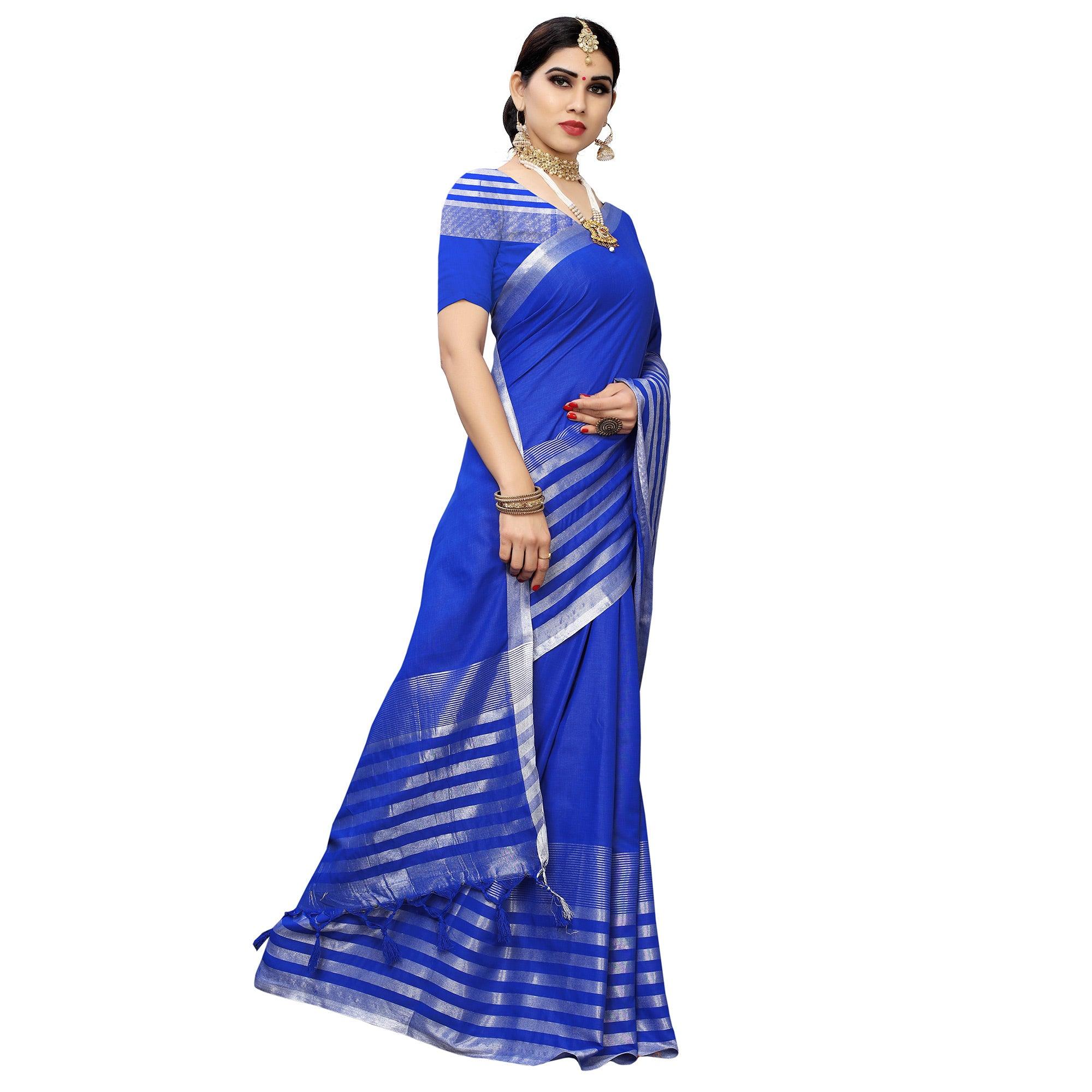 Pleasance Royal Blue Colored Casual Printed Cotton Silk Saree With Tassels - Peachmode