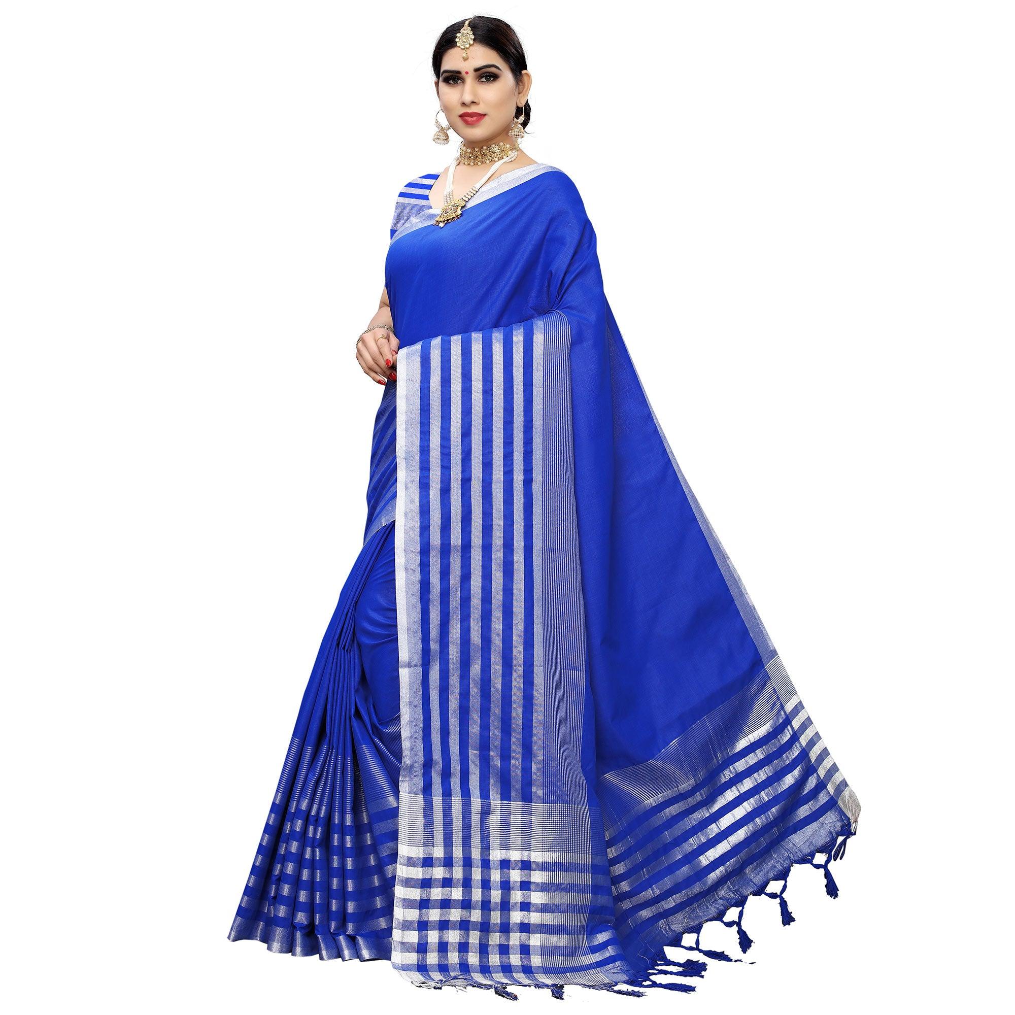 Pleasance Royal Blue Colored Casual Printed Cotton Silk Saree With Tassels - Peachmode