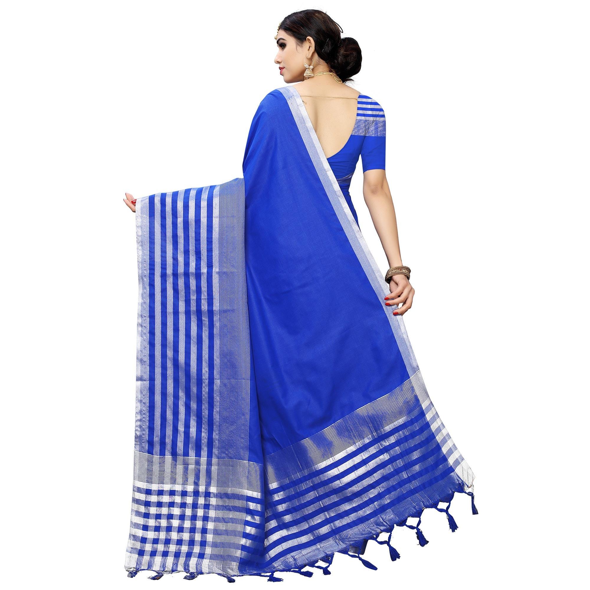 Pleasance Royal Blue Colored Casual Printed Cotton Silk Saree With Tassels - Peachmode