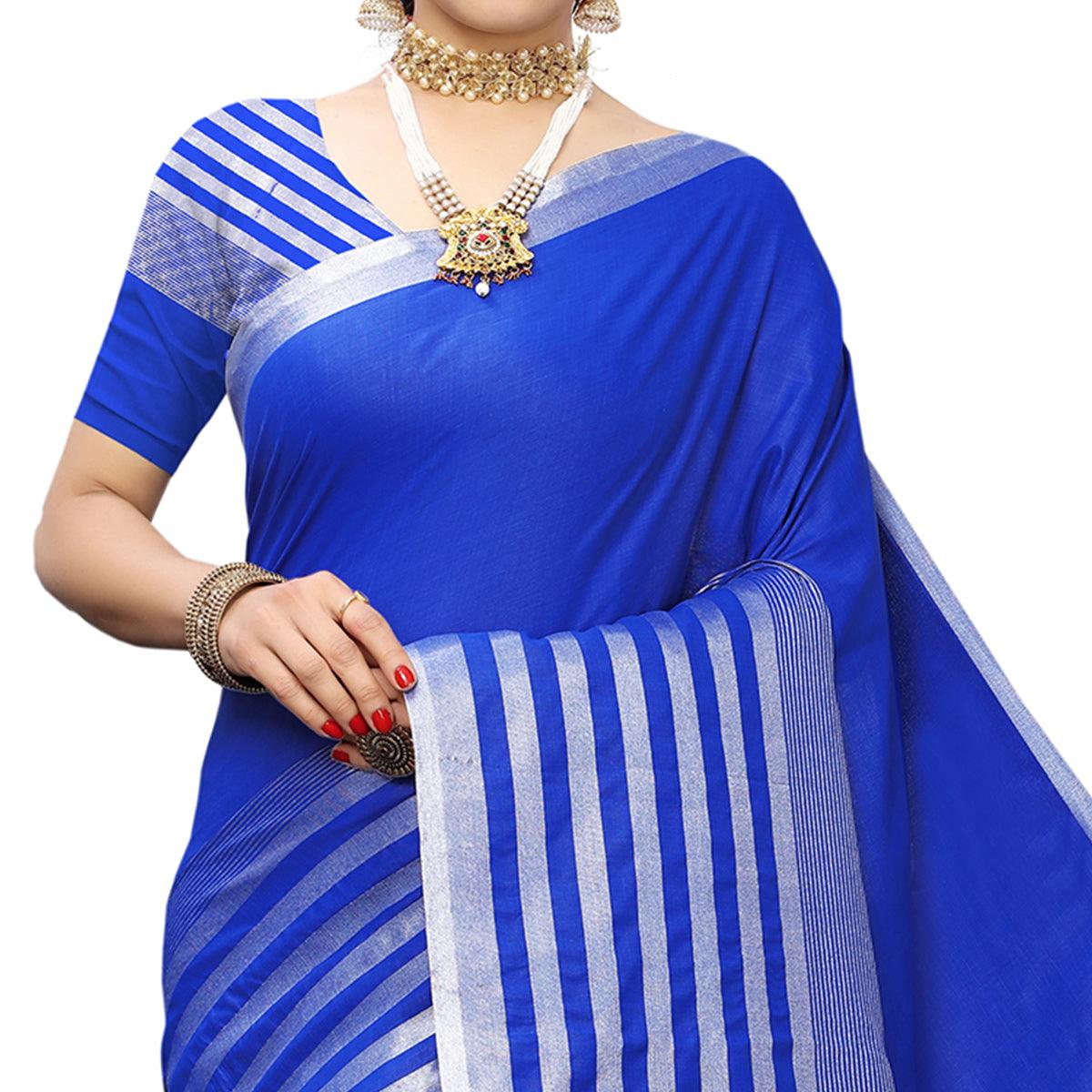 Pleasance Royal Blue Colored Casual Printed Cotton Silk Saree With Tassels - Peachmode