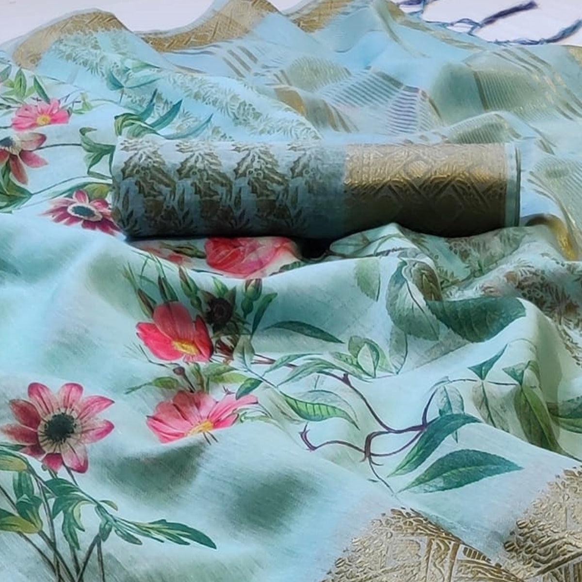 Pleasance Sky Blue Colored Festive Wear Woven Banarasi Silk Saree - Peachmode