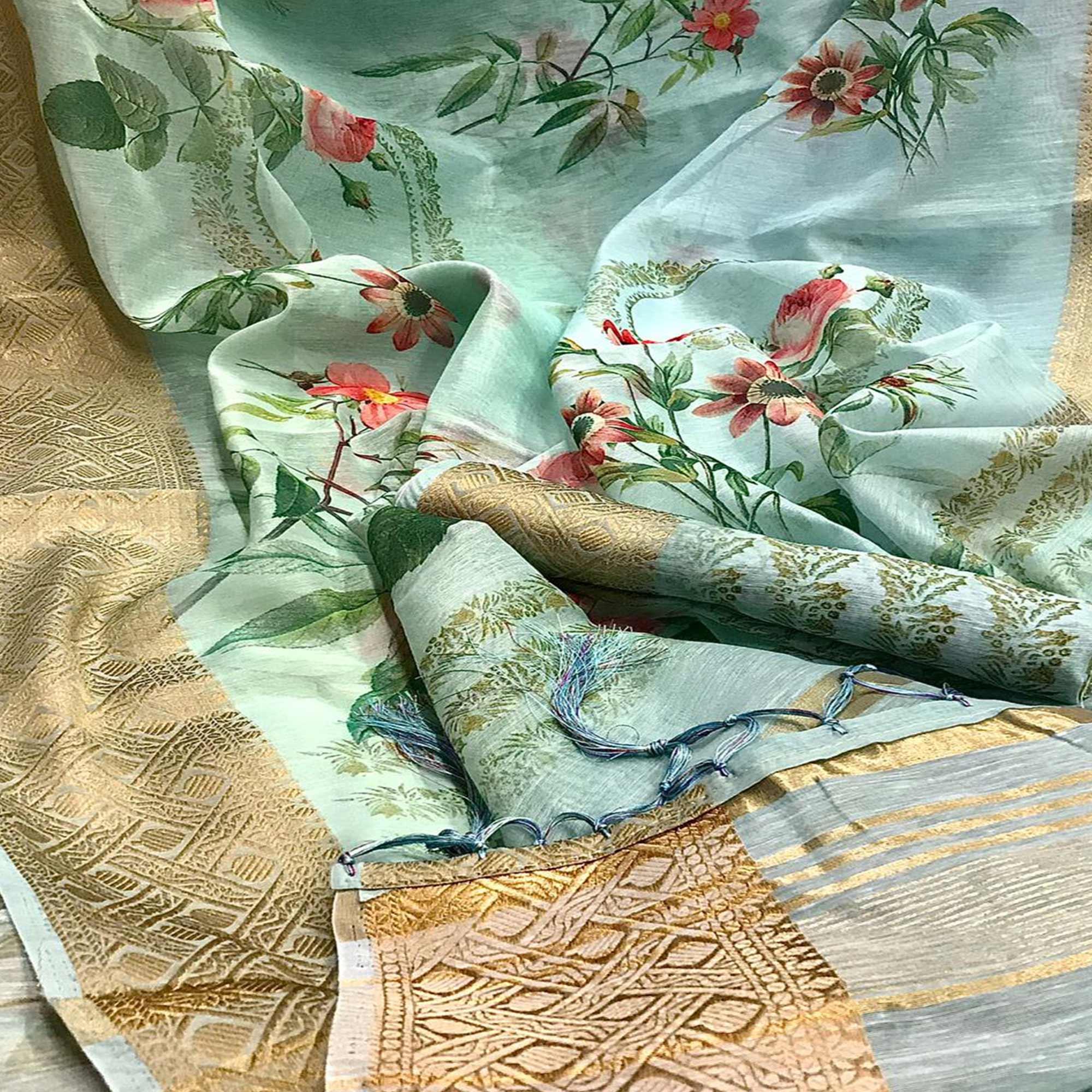 Pleasance Sky Blue Colored Festive Wear Woven Banarasi Silk Saree - Peachmode