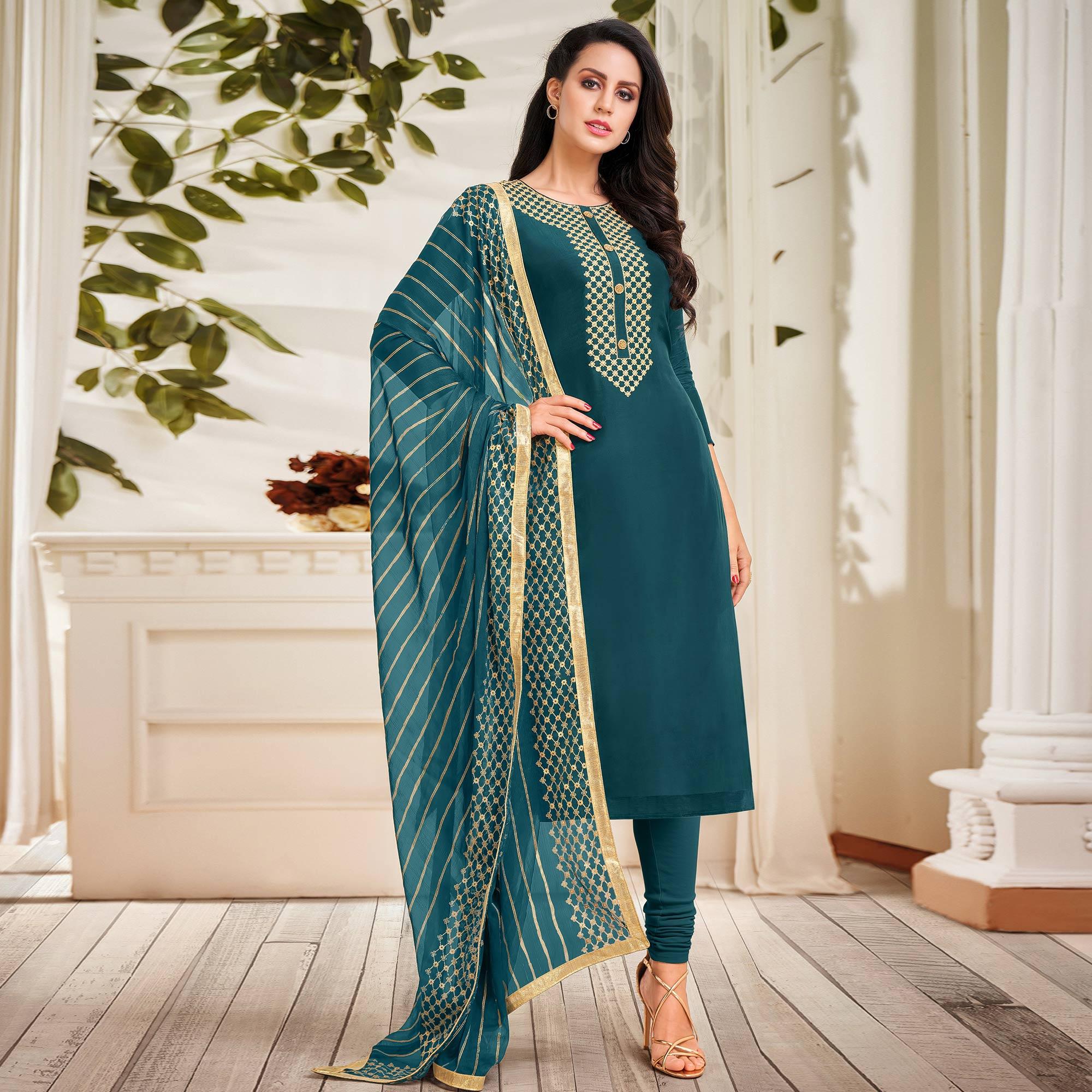 Pleasance Teal Blue Colored Casual Wear Embroidered Chanderi Dress Material - Peachmode