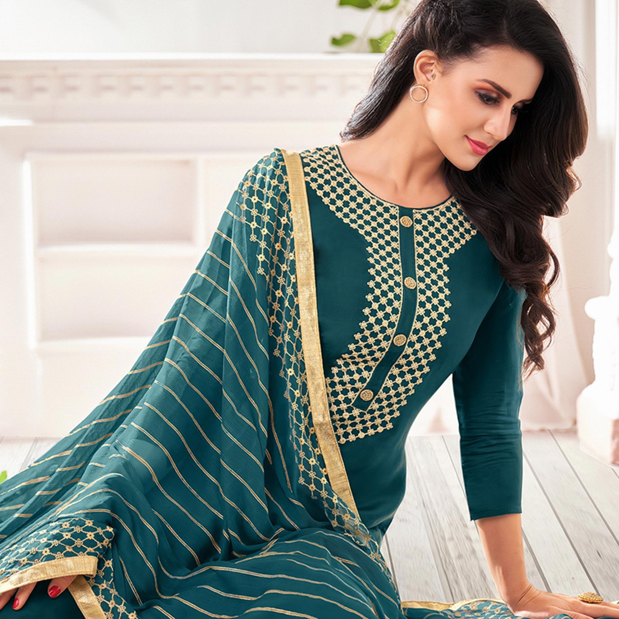 Pleasance Teal Blue Colored Casual Wear Embroidered Chanderi Dress Material - Peachmode