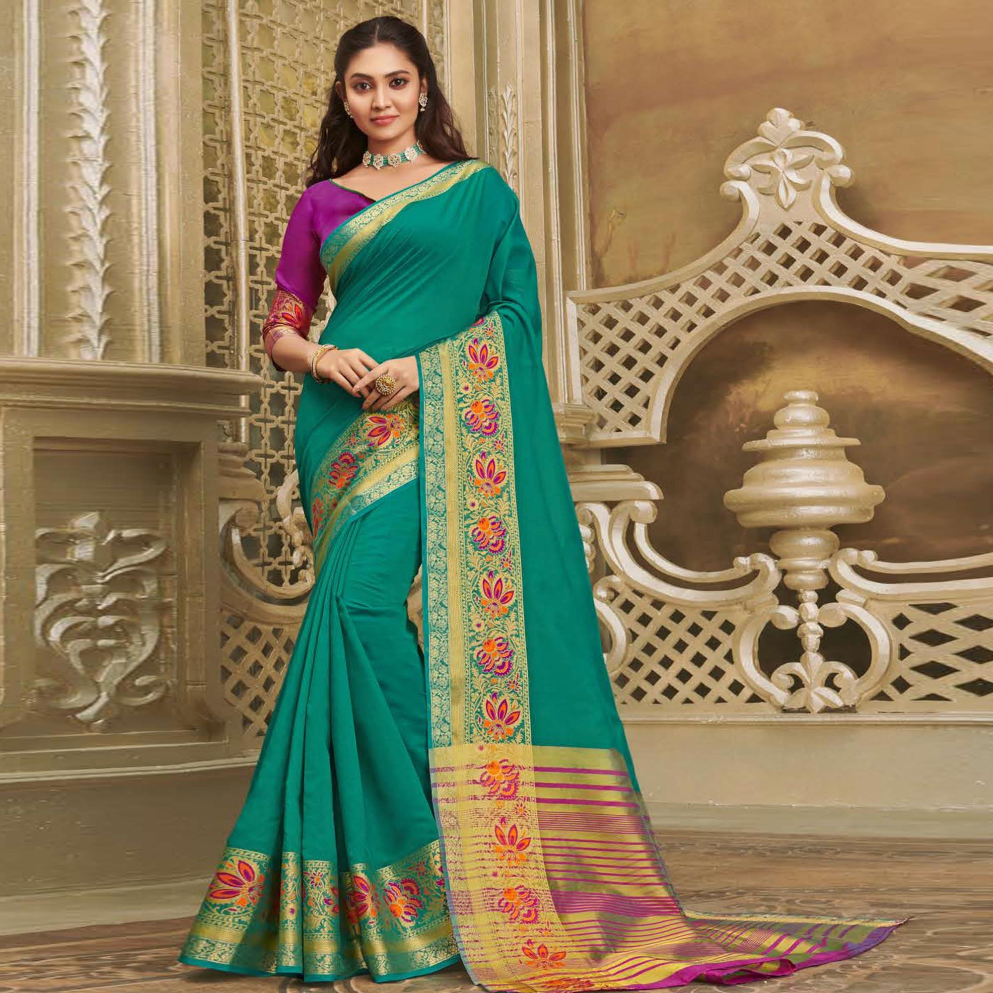 Pleasance Turquoise Green Colored Festive Wear Woven Cotton Handloom Saree - Peachmode