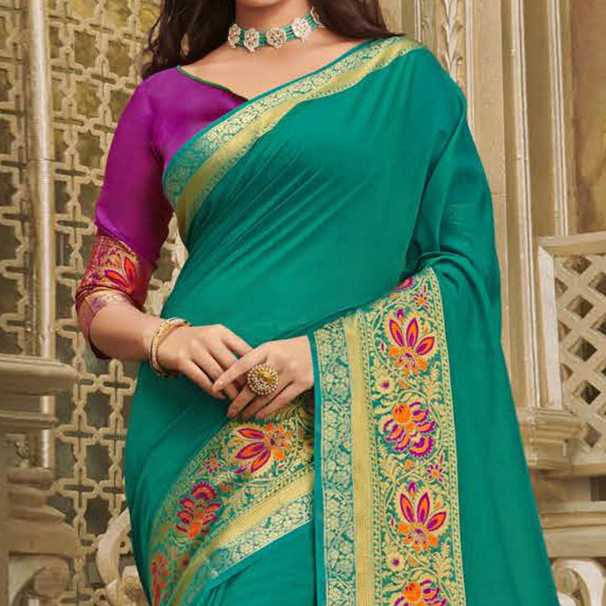 Pleasance Turquoise Green Colored Festive Wear Woven Cotton Handloom Saree - Peachmode