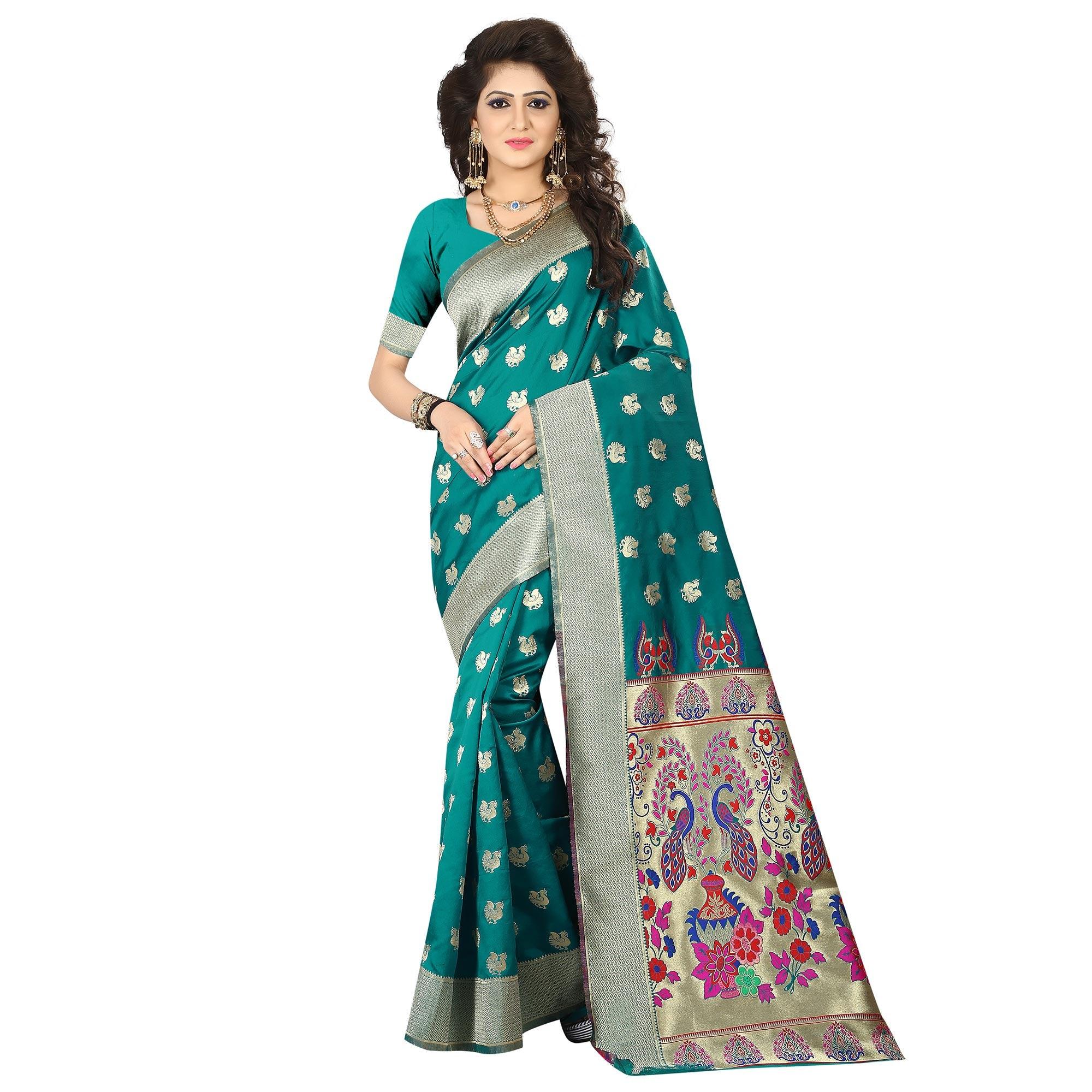 Pleasance Turquoise Green Colored Festive Wear Woven Jacquard Art Silk Saree - Peachmode