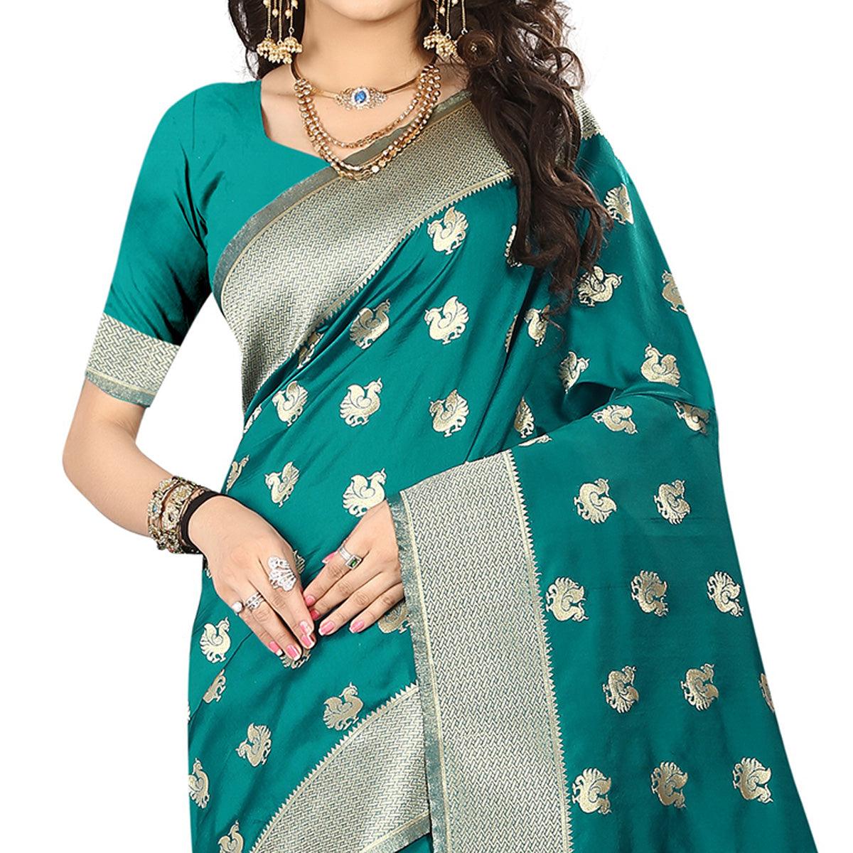 Pleasance Turquoise Green Colored Festive Wear Woven Jacquard Art Silk Saree - Peachmode