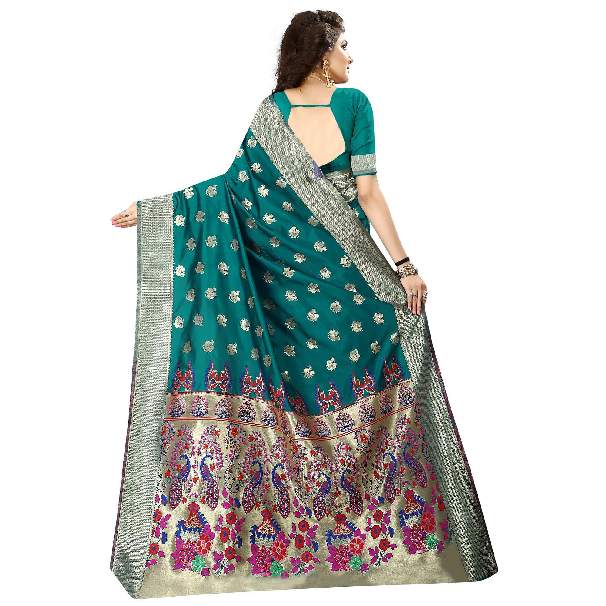 Pleasance Turquoise Green Colored Festive Wear Woven Jacquard Art Silk Saree - Peachmode