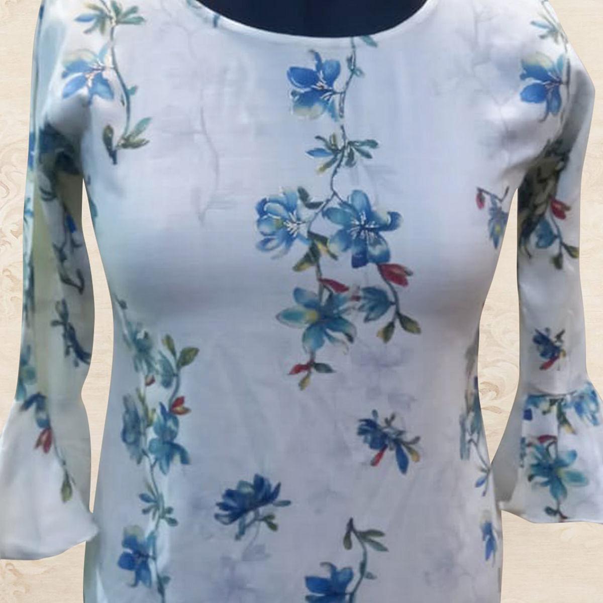 Pleasance White - Blue Colored Casual Wear Floral Printed Cotton Western Top - Peachmode