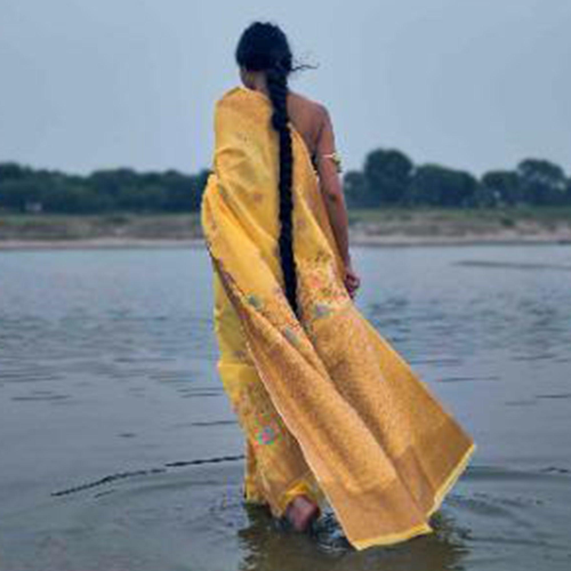 Pleasance Yellow Colored Festive Wear Woven Pure Linen Silk Saree - Peachmode