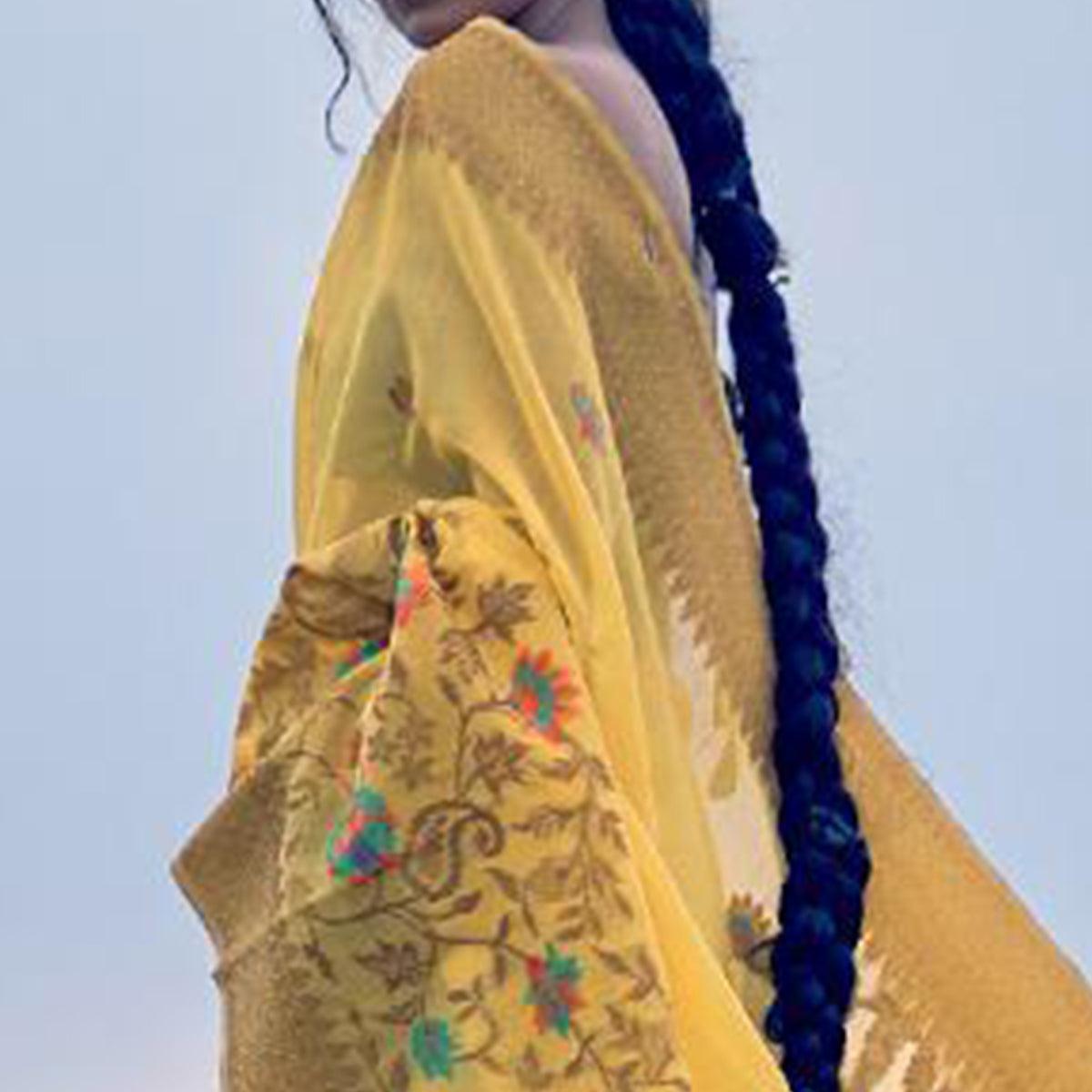 Pleasance Yellow Colored Festive Wear Woven Pure Linen Silk Saree - Peachmode
