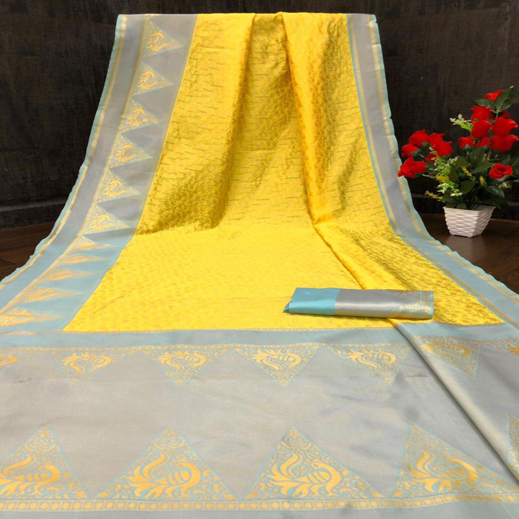 Pleasance Yellow Colored Festive Wear Woven Soft Lichi Silk Saree - Peachmode