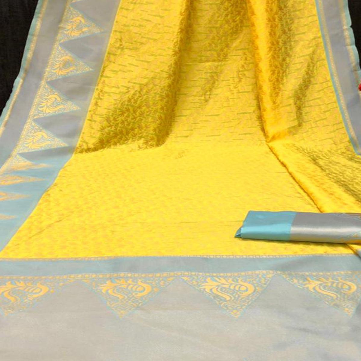 Pleasance Yellow Colored Festive Wear Woven Soft Lichi Silk Saree - Peachmode