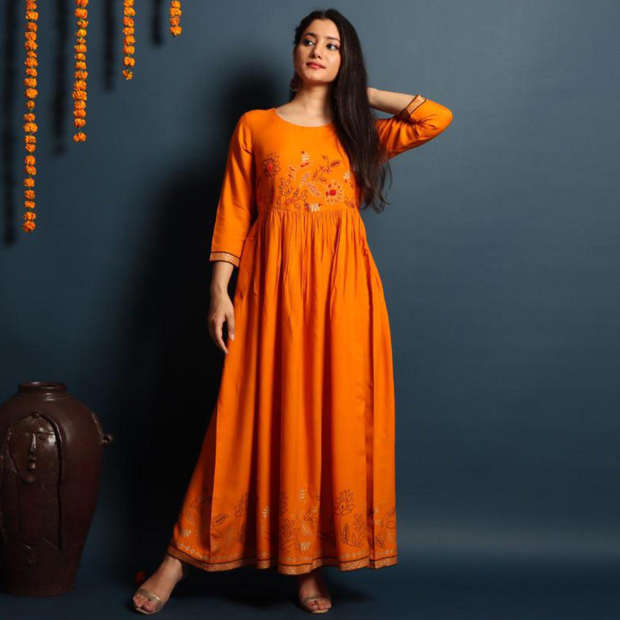 Pleasance Yellow Colored Partywear Embroidered Rayon Long Kurti - Peachmode