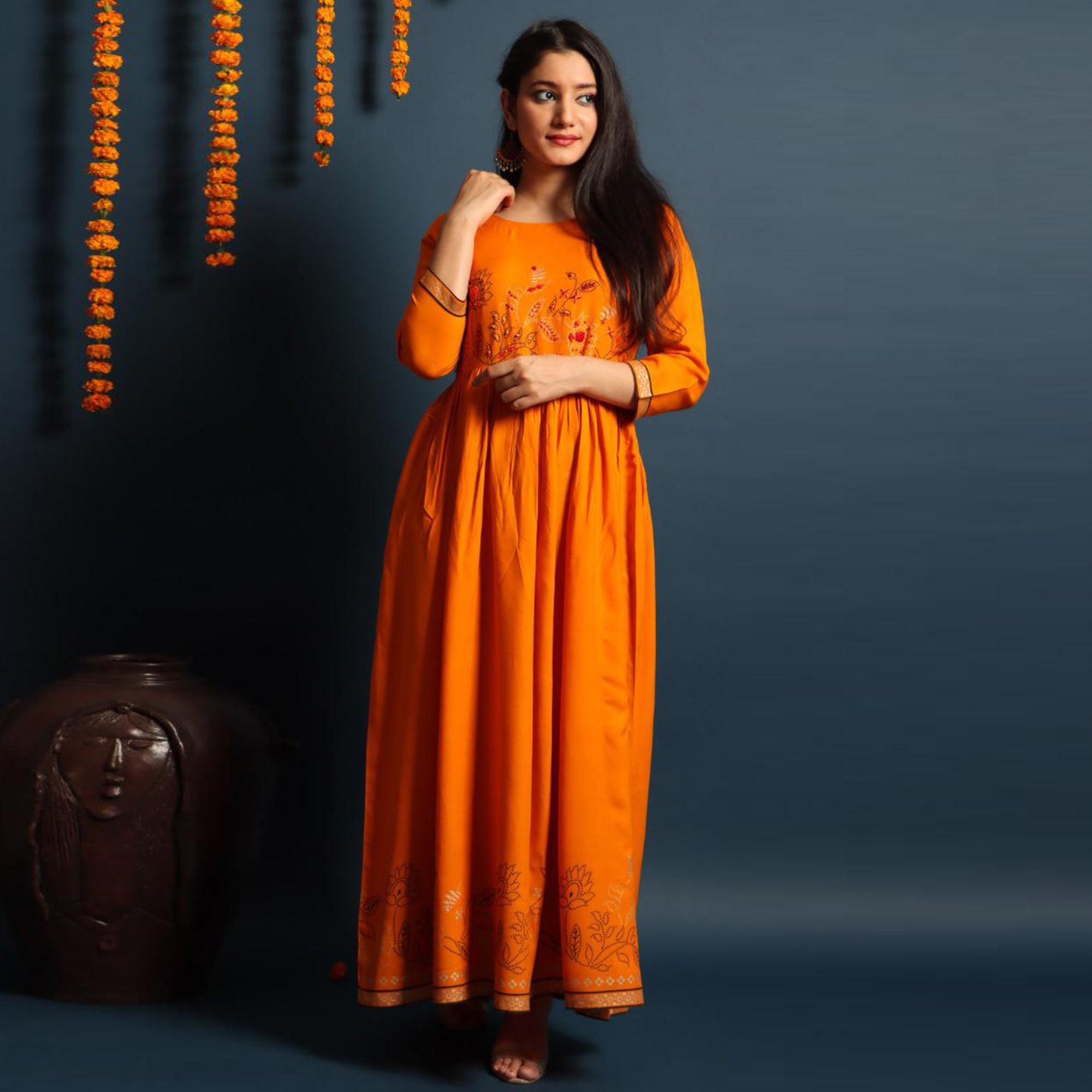 Pleasance Yellow Colored Partywear Embroidered Rayon Long Kurti - Peachmode