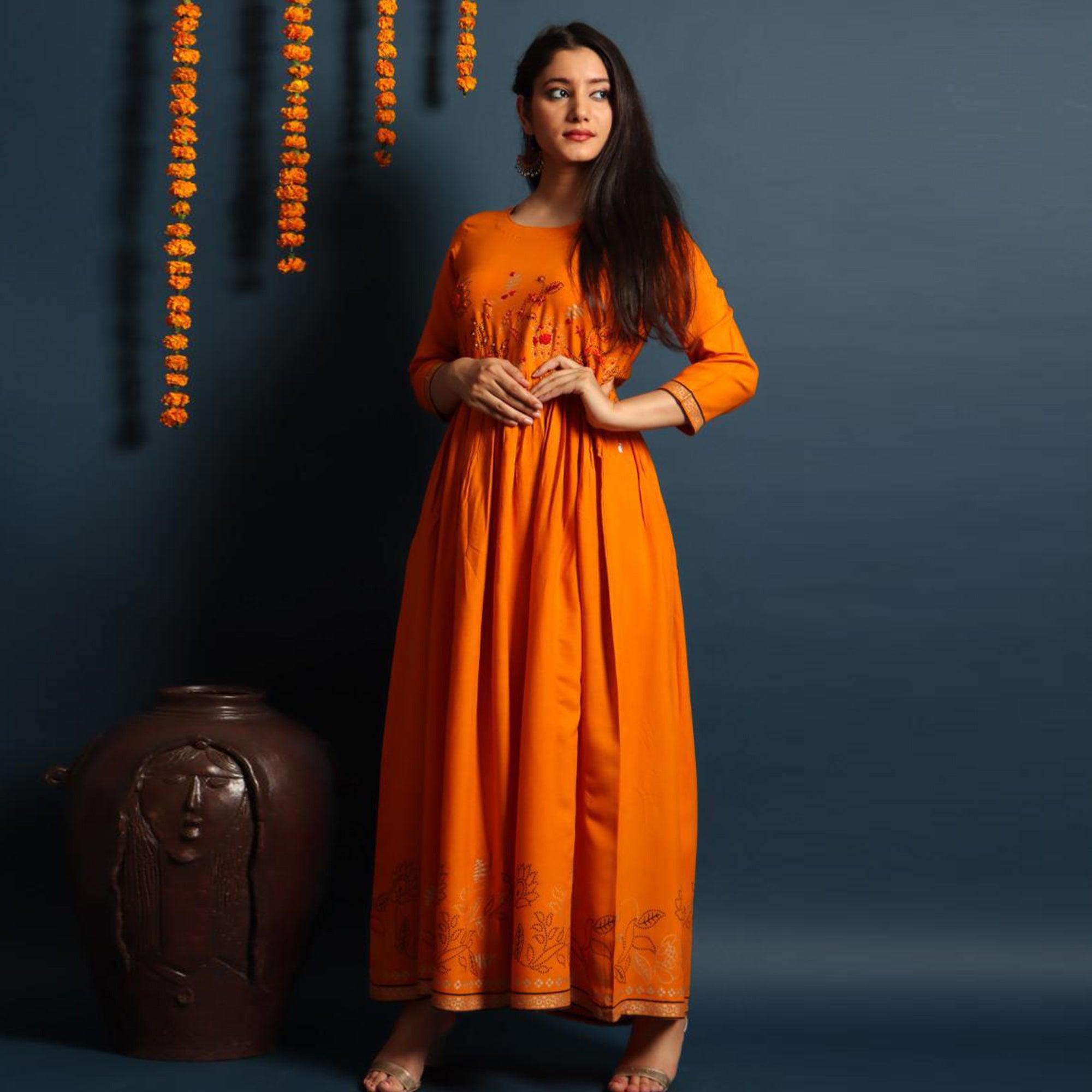 Pleasance Yellow Colored Partywear Embroidered Rayon Long Kurti - Peachmode