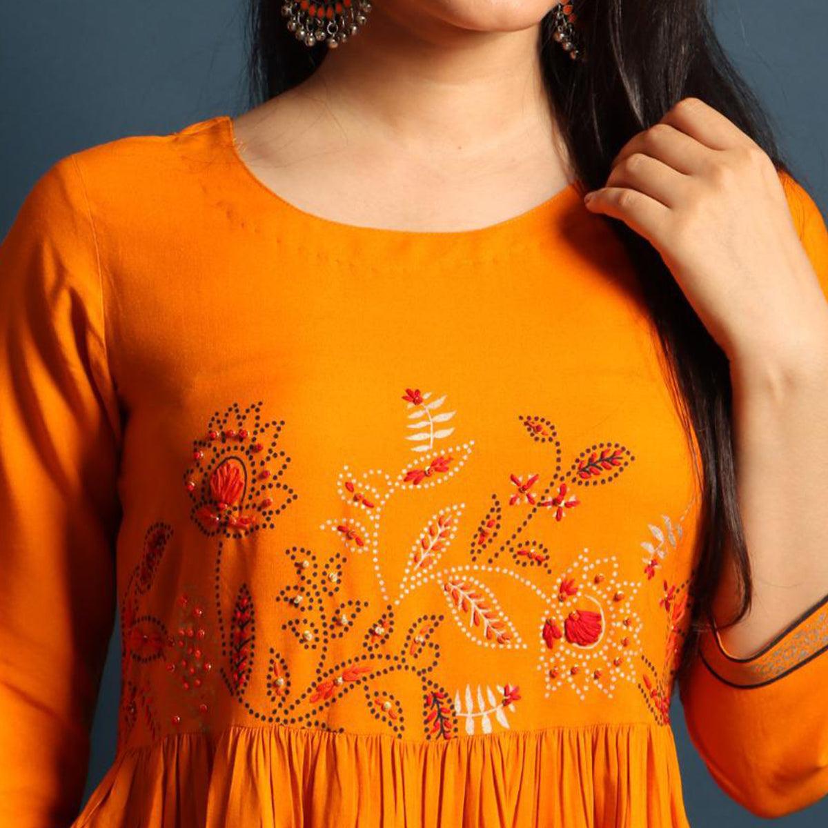 Pleasance Yellow Colored Partywear Embroidered Rayon Long Kurti - Peachmode