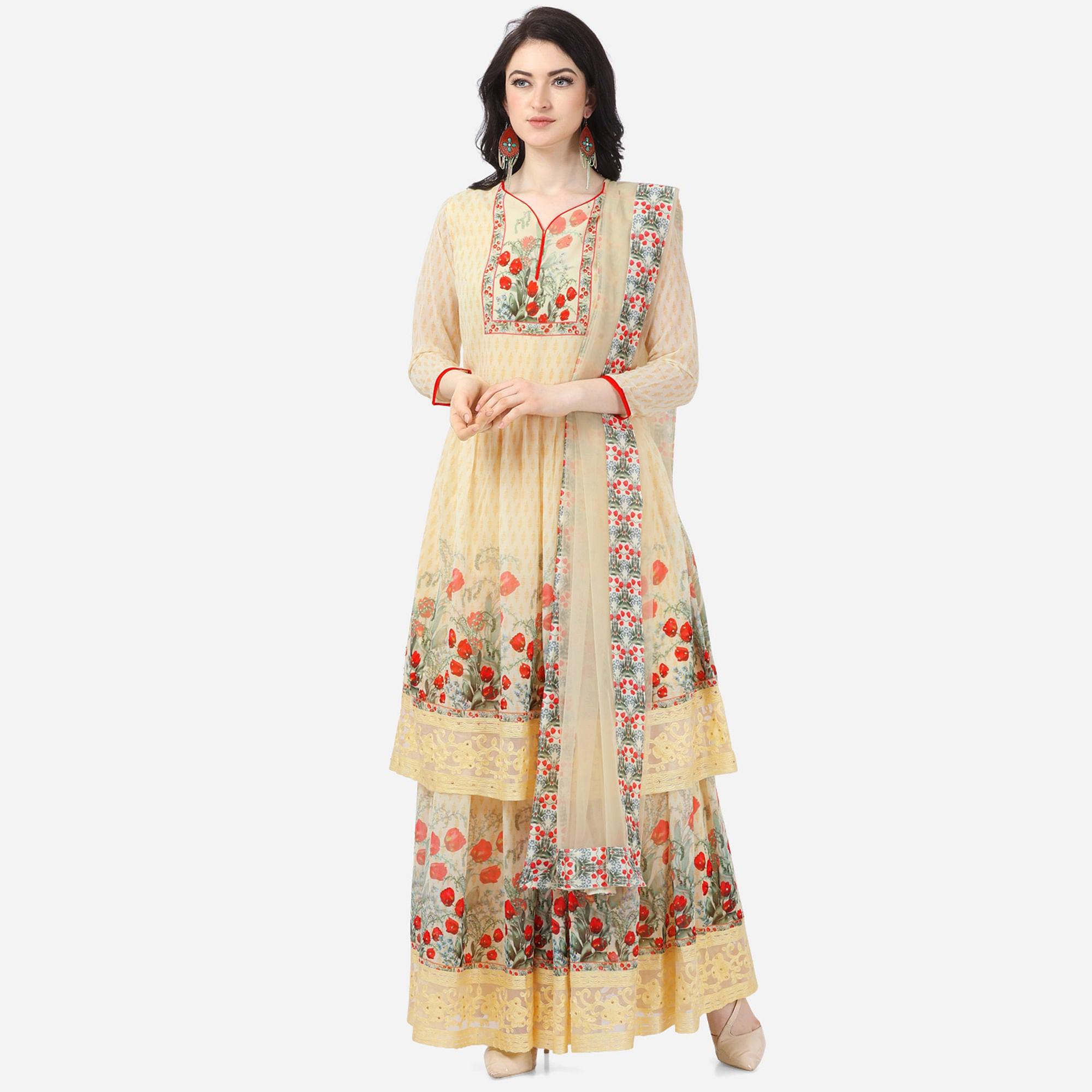 Pleasance Yellow Coloured Partywear Printed & Stone Work Georgette Dress Material Sharara Suit - Peachmode