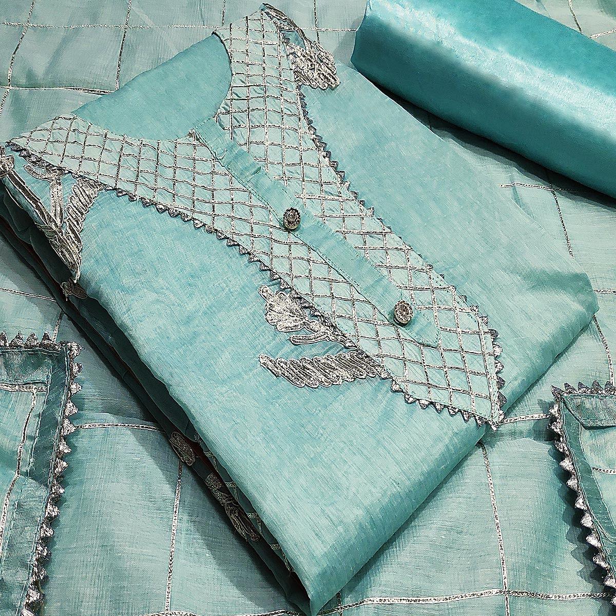 Pleasant Aqua Blue Colored Casual Wear Embroidered Silk Dress Material - Peachmode
