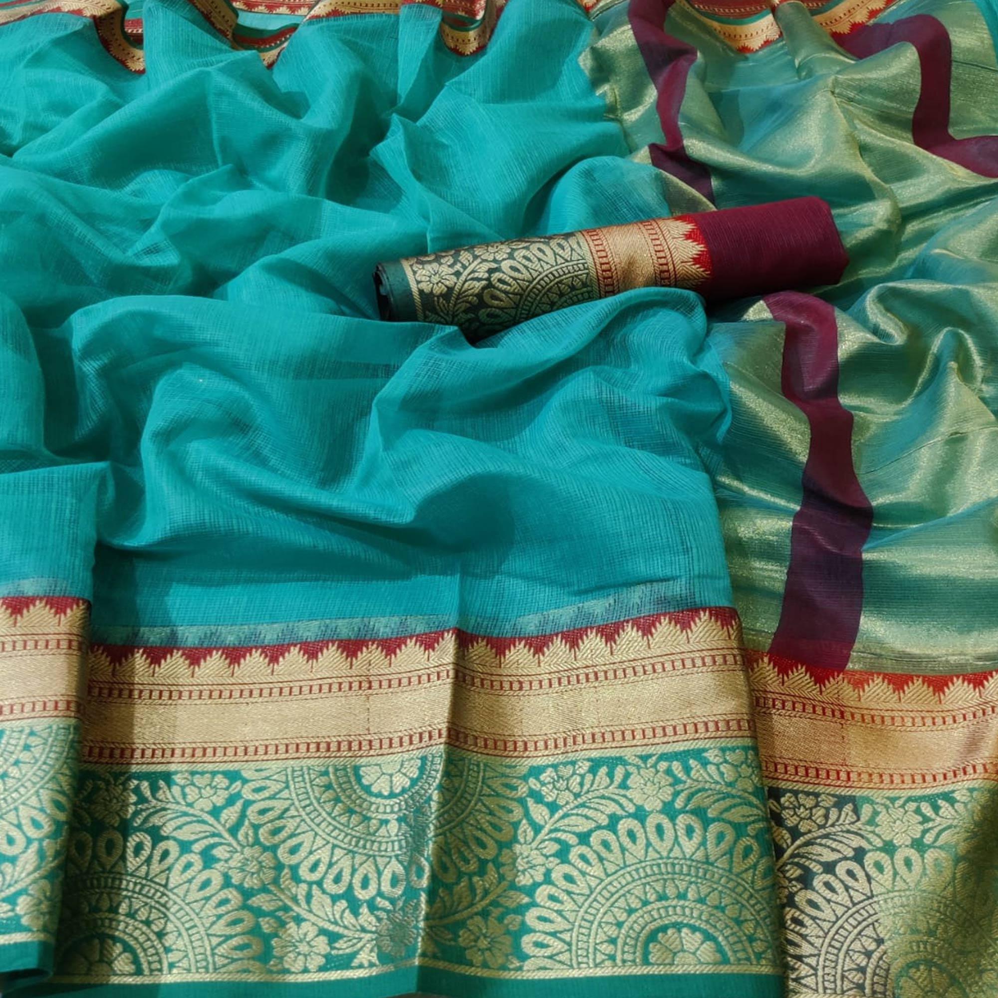Pleasant Aqua Blue Colored Festive Wear Woven Silk Saree - Peachmode
