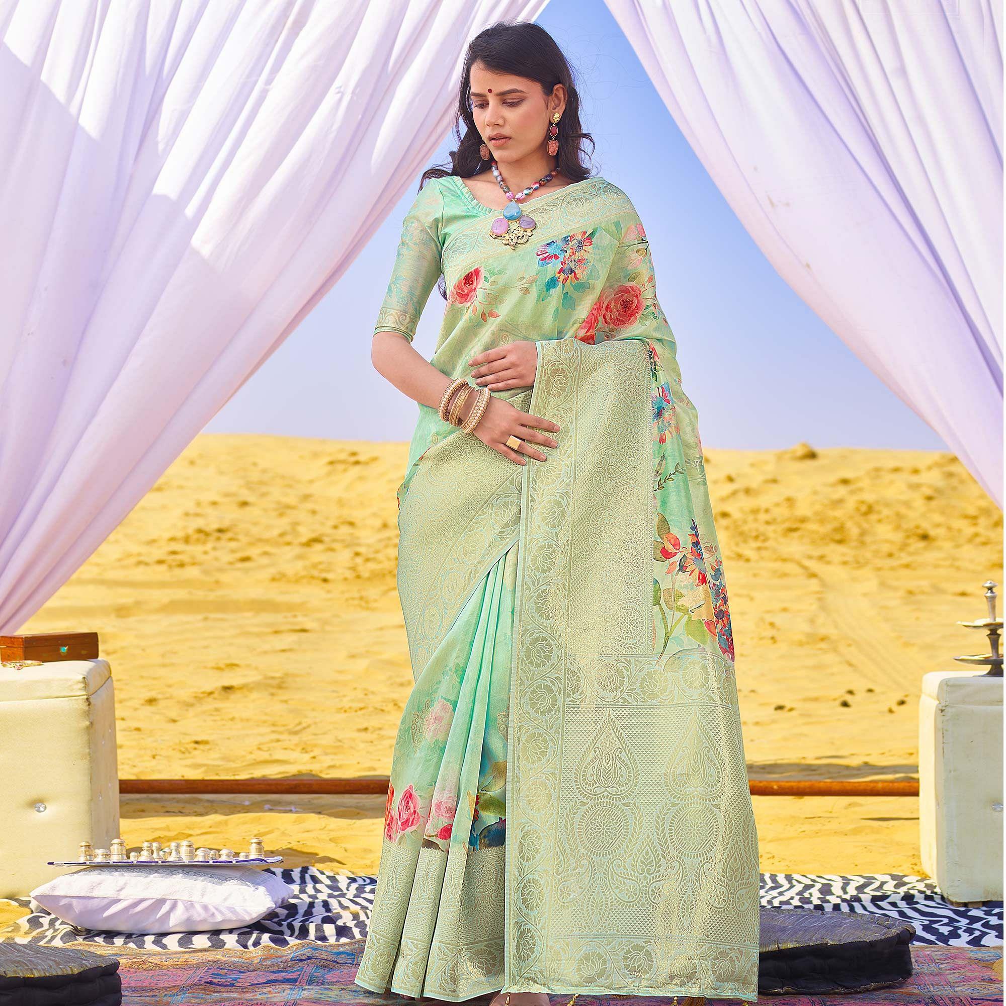 Pleasant Aqua Green Colored Festive Wear Woven Silk Saree - Peachmode