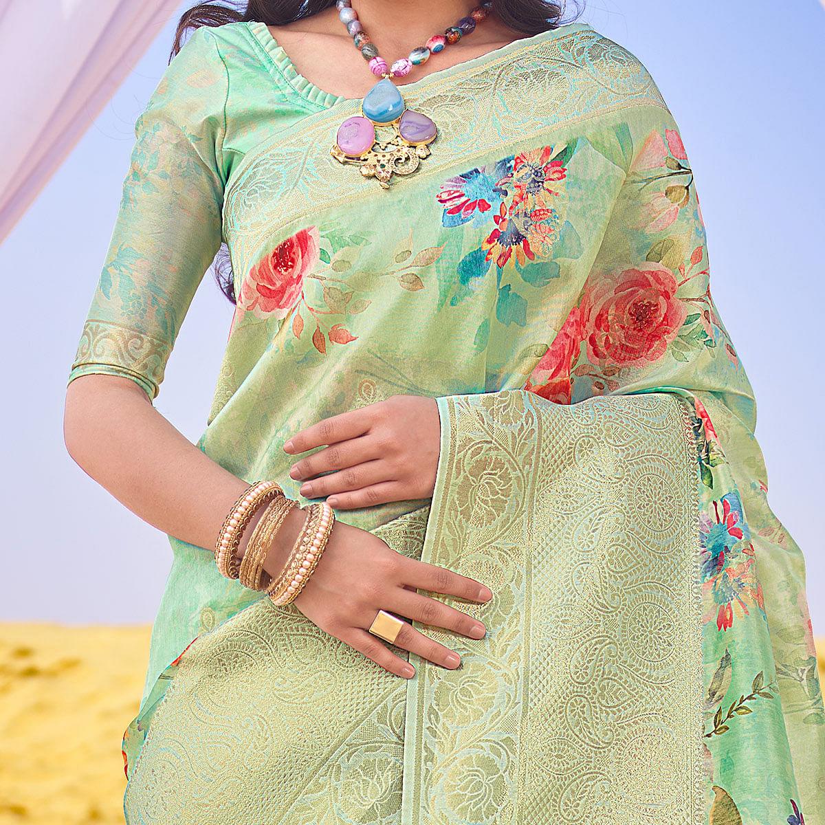 Pleasant Aqua Green Colored Festive Wear Woven Silk Saree - Peachmode