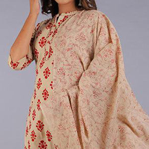 Pleasant Beige Colored Casual Wear Printed Cotton Kurti - Pant Set With Dupatta - Peachmode