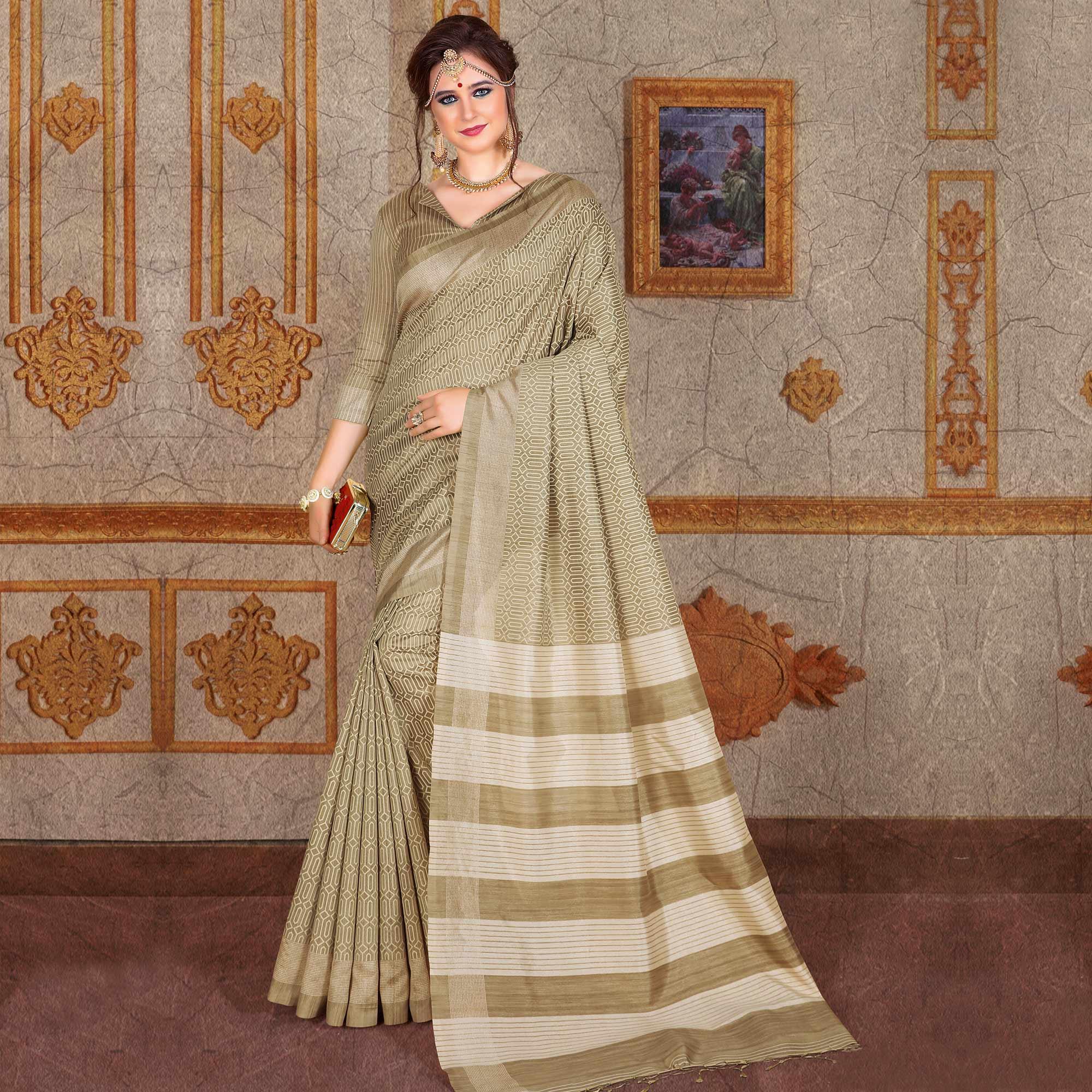 Pleasant Beige Colored Festive Wear Printed Bhagalpuri Silk Saree - Peachmode