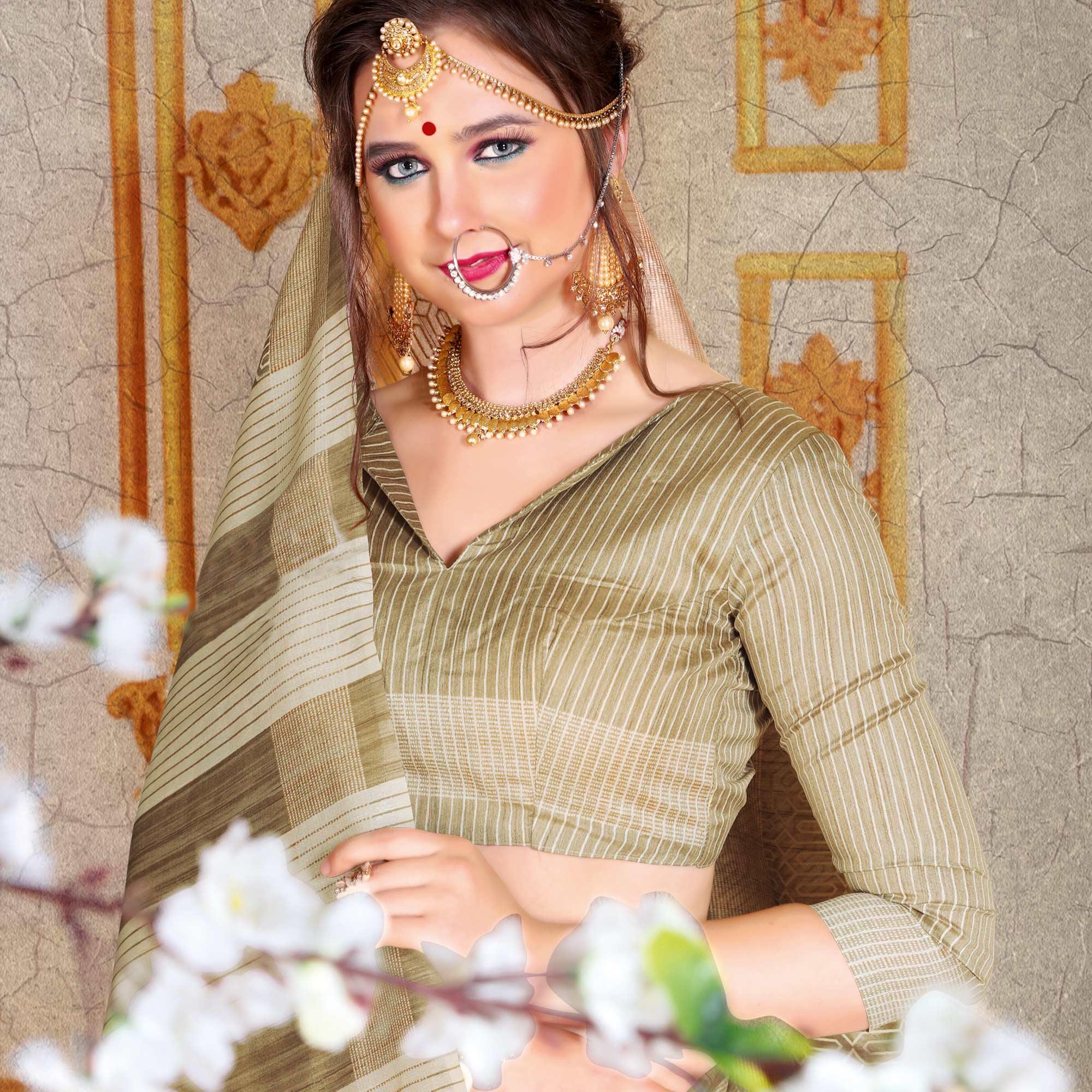 Pleasant Beige Colored Festive Wear Printed Bhagalpuri Silk Saree - Peachmode