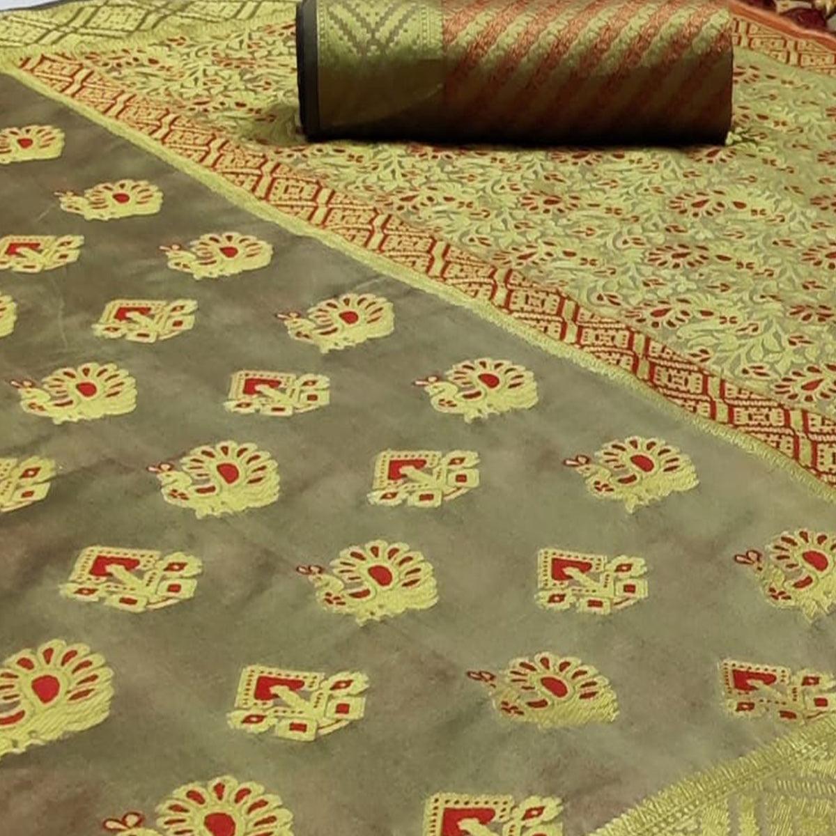 Pleasant Beige Colored Festive Wear Woven Cotton Saree - Peachmode