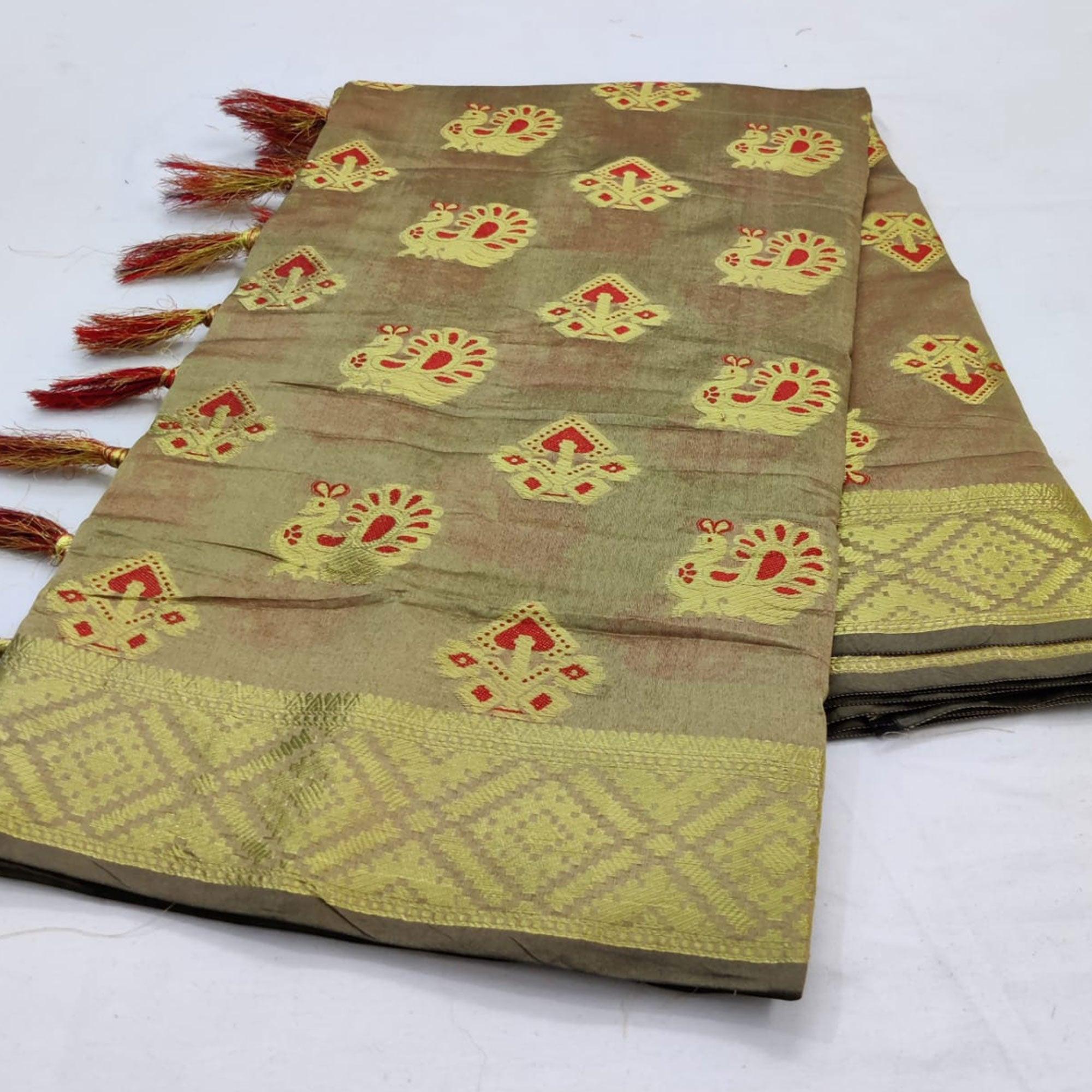 Pleasant Beige Colored Festive Wear Woven Cotton Saree - Peachmode