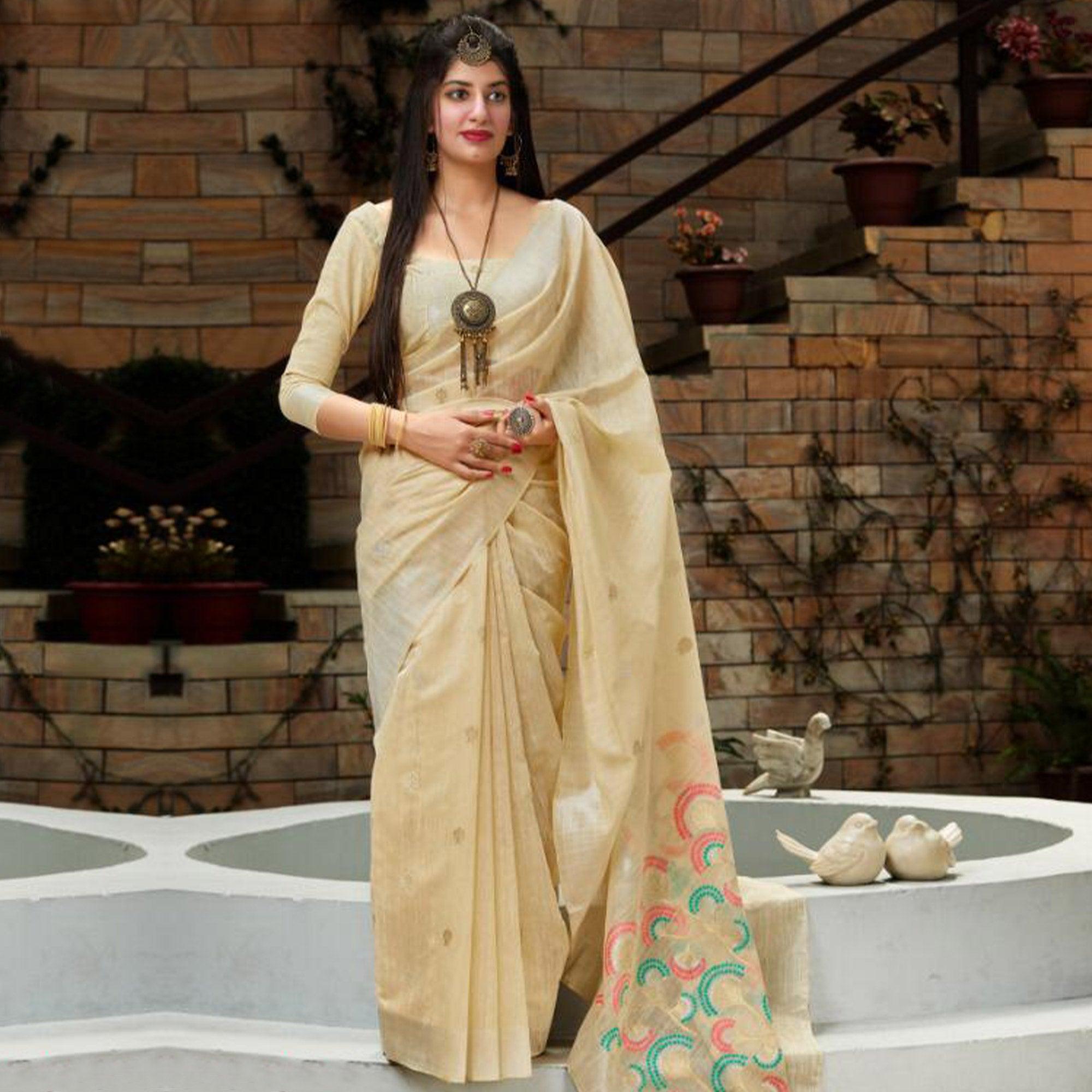 Pleasant Beige Colored Festive Wear Woven Silk Saree - Peachmode