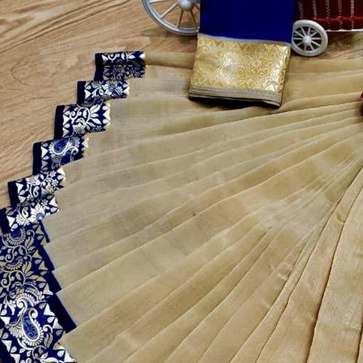 Pleasant Beige Colored Festive Wear Woven Soft Vichitra Silk Saree - Peachmode