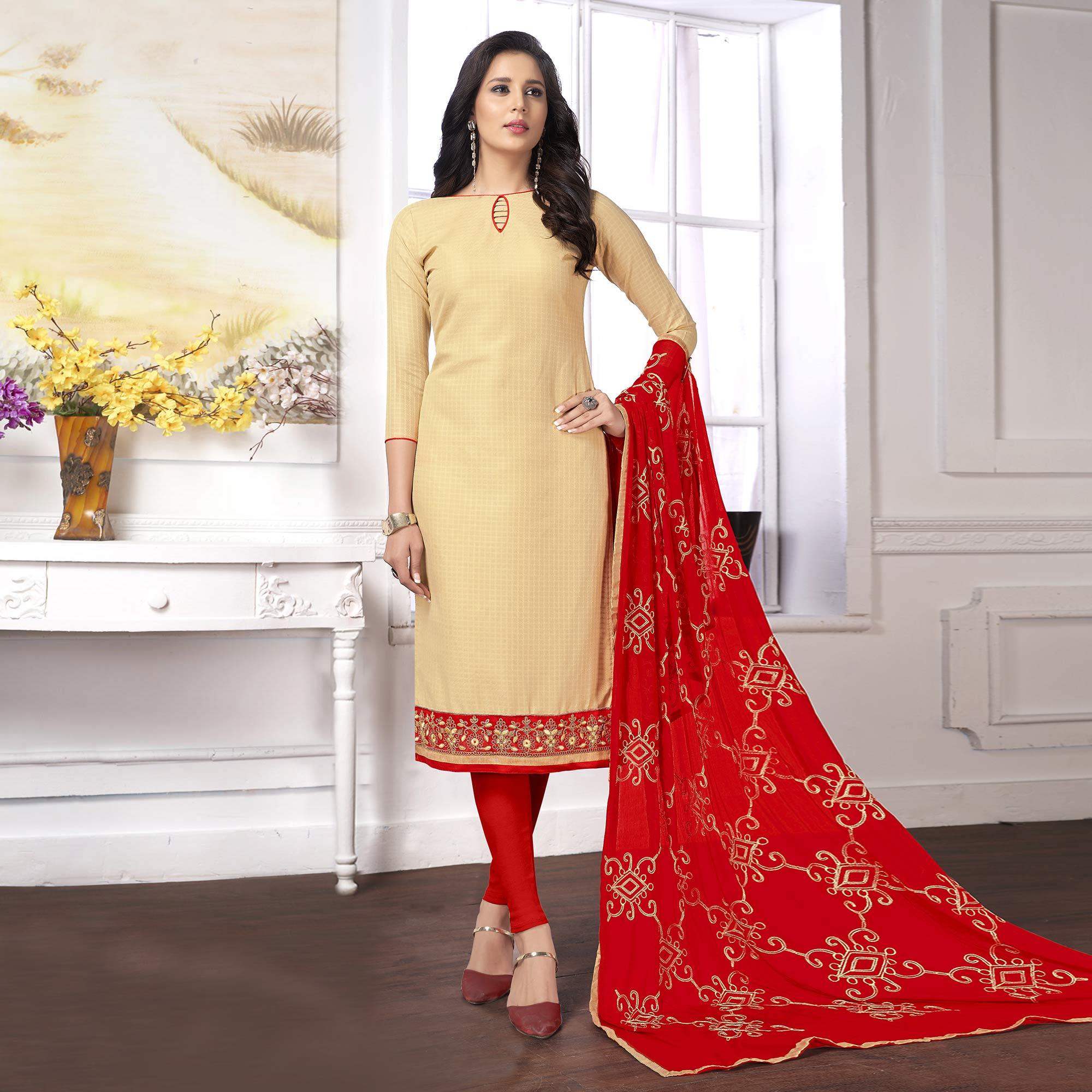 Pleasant Beige Colored Partywear Embroidered Cotton Suit - Peachmode