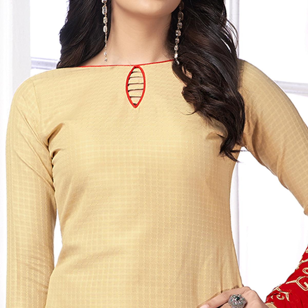 Pleasant Beige Colored Partywear Embroidered Cotton Suit - Peachmode