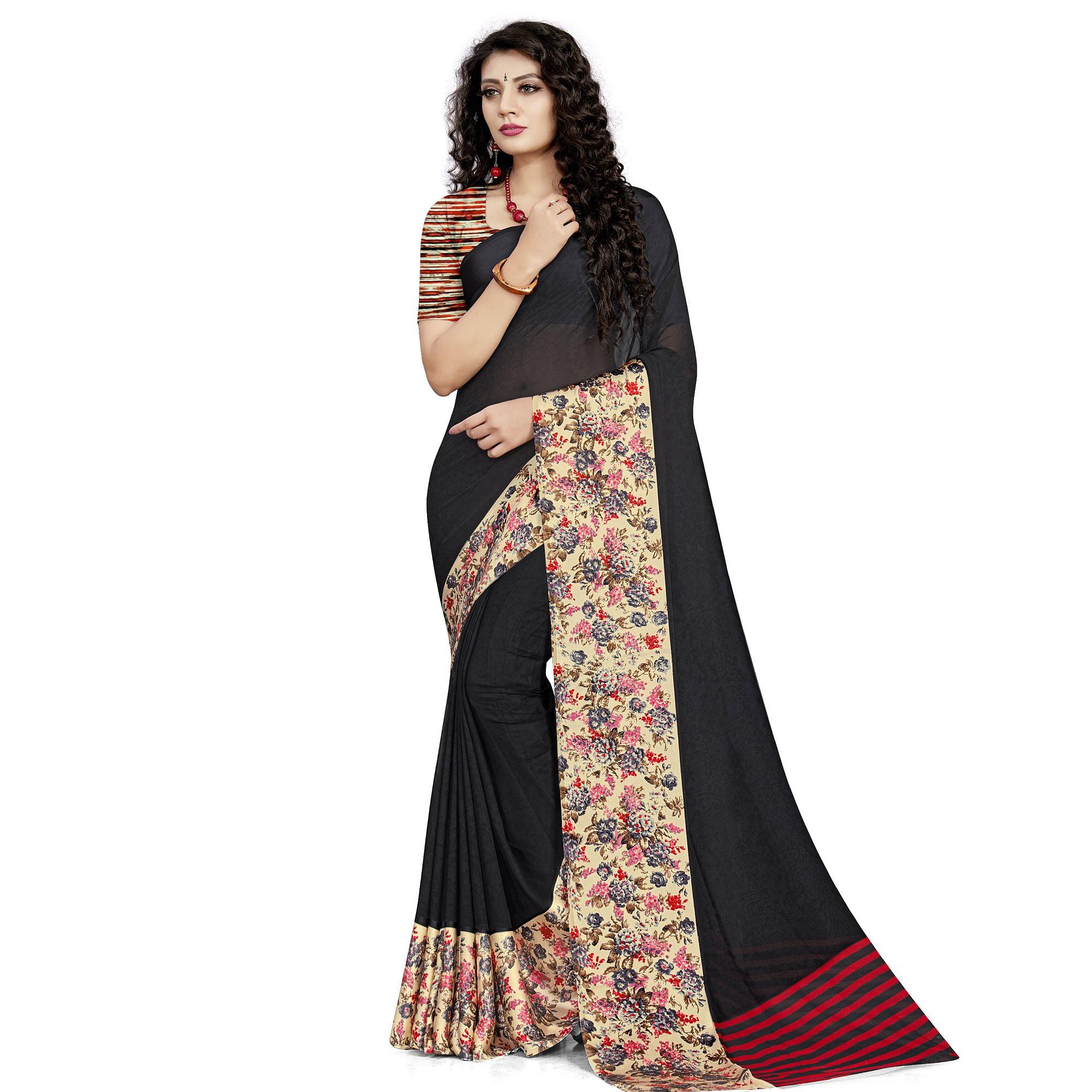 Pleasant Black Colored Casual Wear Printed Georgette Saree - Peachmode